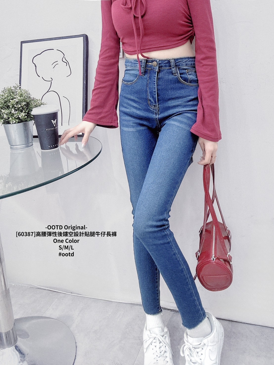 [60387]高腰彈性後鏤空設計貼腿牛仔長褲 (2)