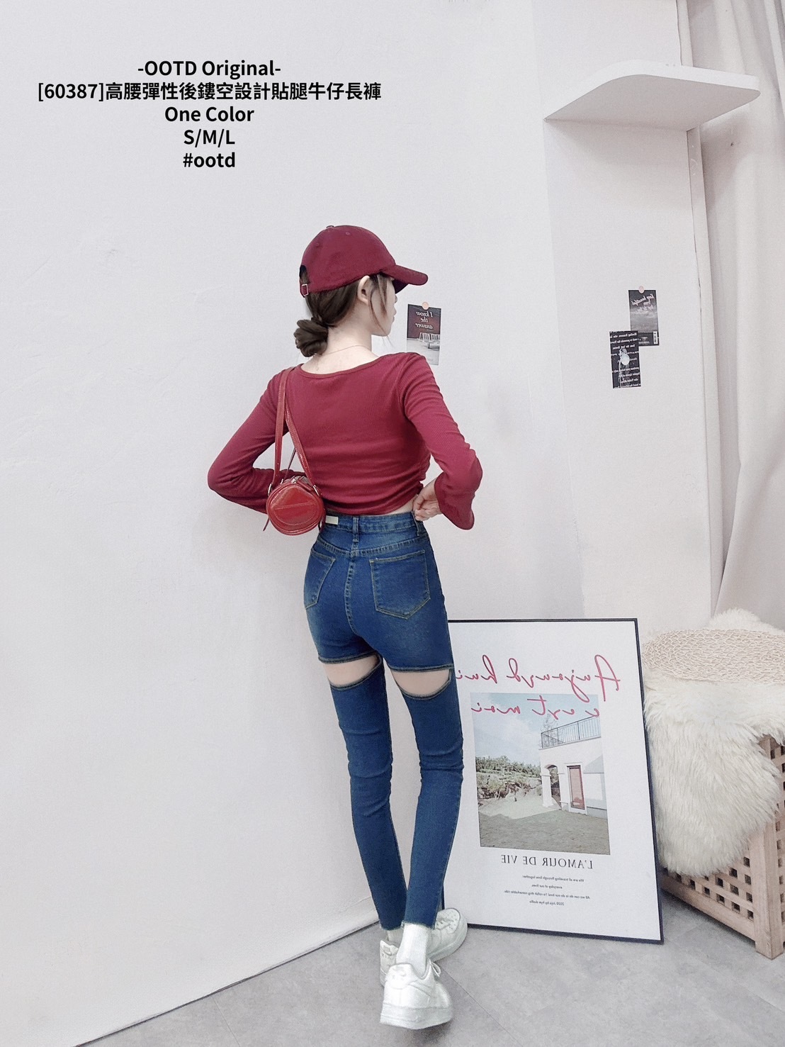 [60387]高腰彈性後鏤空設計貼腿牛仔長褲 (3)