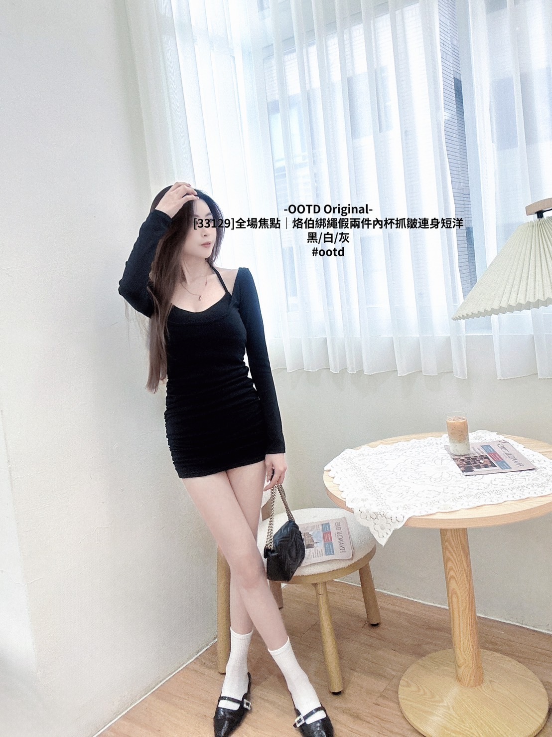 [33129]全場焦點｜烙伯綁繩假兩件內杯抓皺連身短洋 (5)