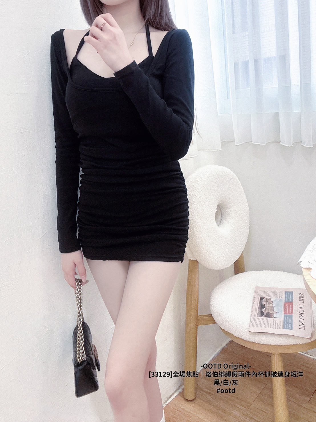 [33129]全場焦點｜烙伯綁繩假兩件內杯抓皺連身短洋 (6)