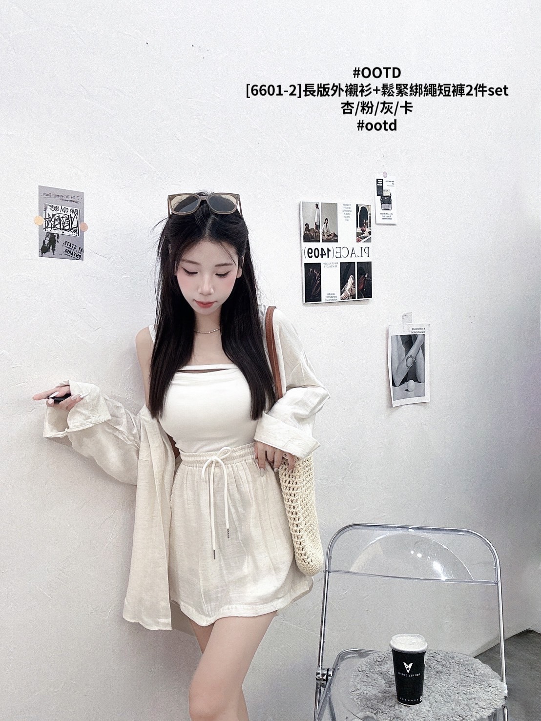 [6601-2]長版外襯衫+鬆緊綁繩短褲2件set (2)