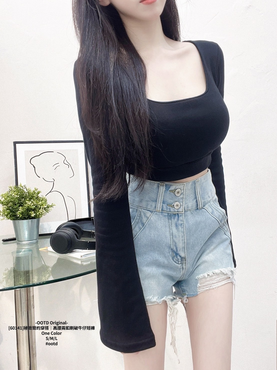 [60141]極致簡約穿搭｜高腰兩釦刷破牛仔短褲 (3)