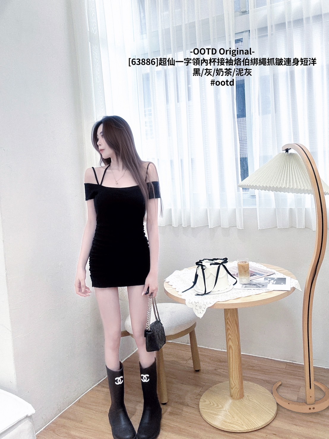 [63886]超仙一字領內杯接袖烙伯綁繩抓皺連身短洋 (7)