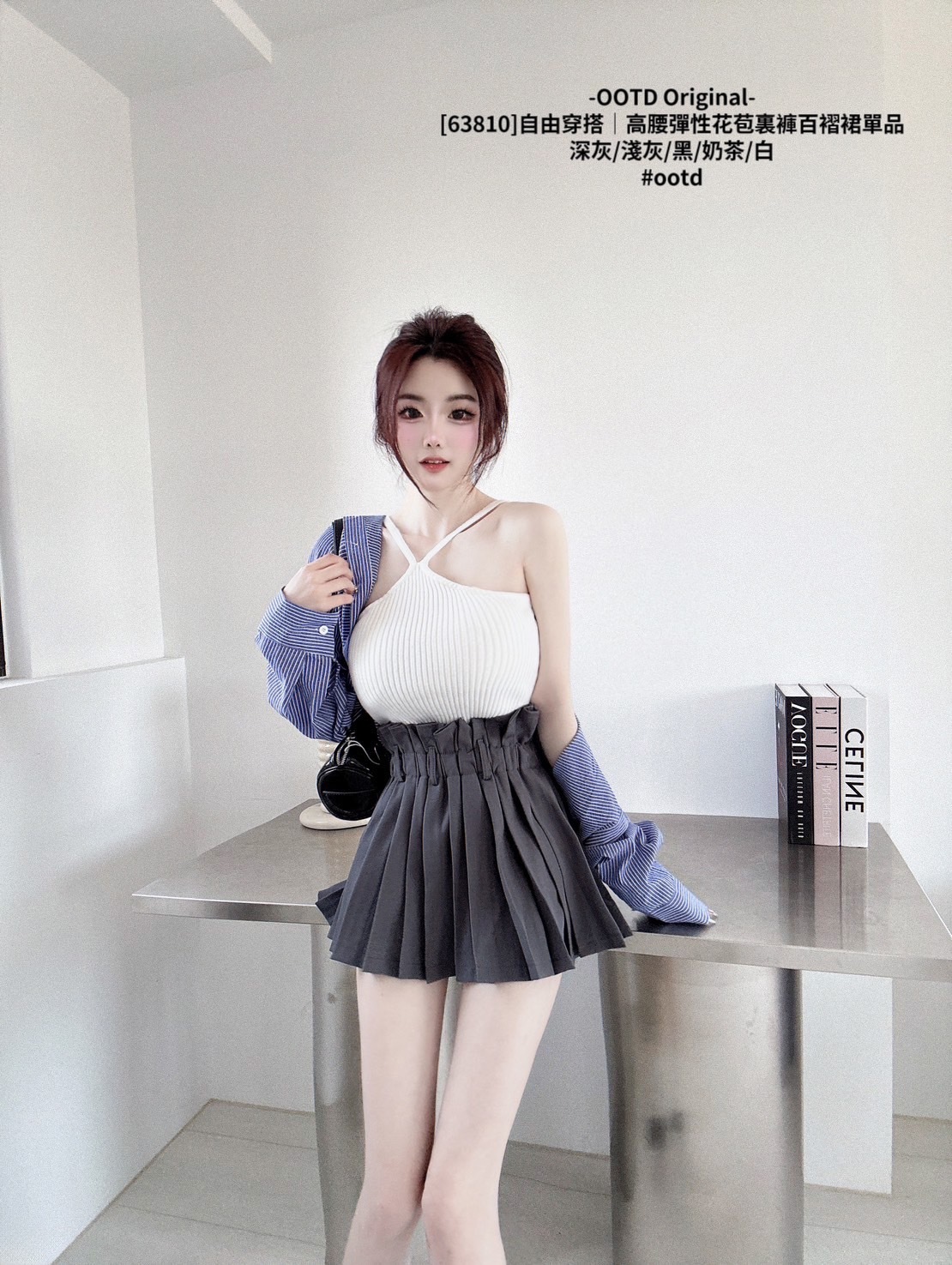 [63810]自由穿搭｜高腰彈性花苞裏褲百褶裙單品 (7)