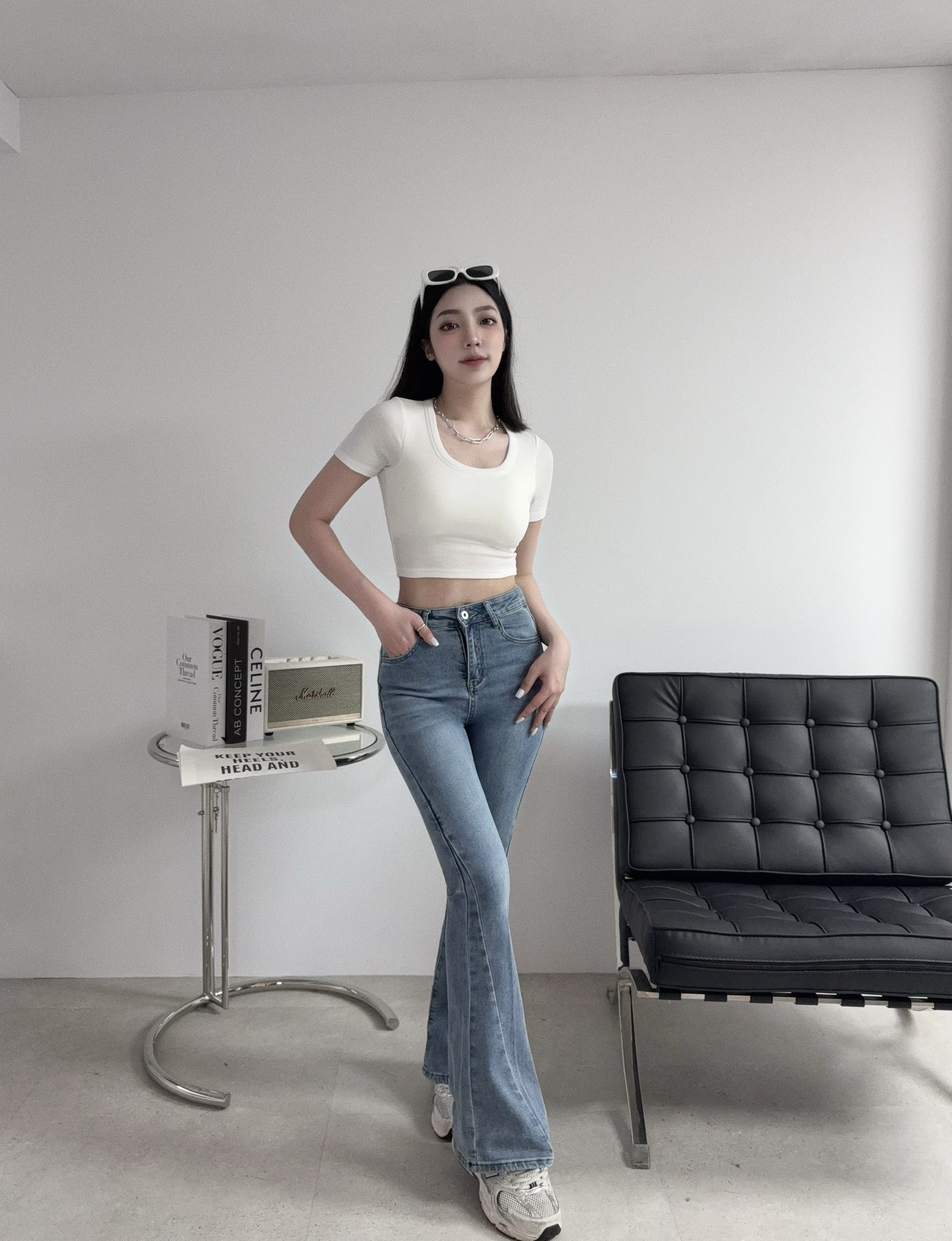 9082『選品』復古極美刷色彈性牛仔喇叭褲 (3)