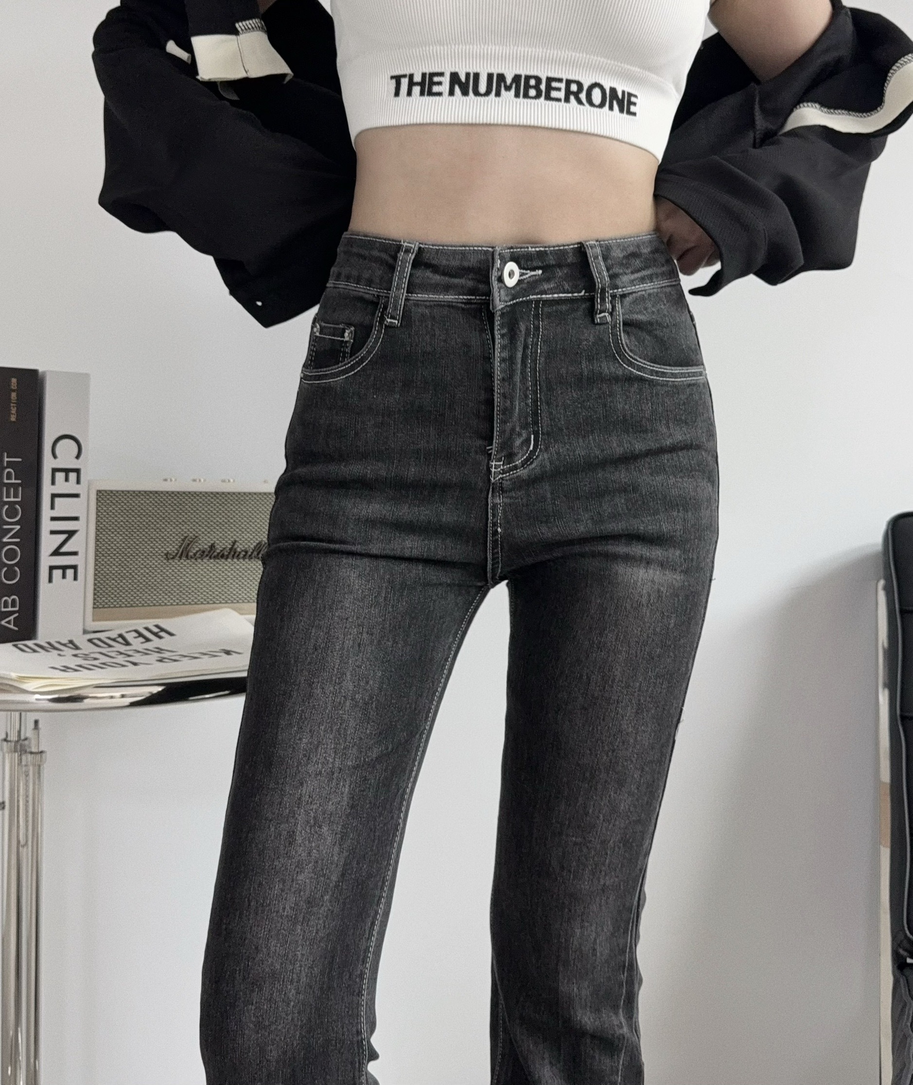 9082『選品』復古極美刷色彈性牛仔喇叭褲 (2)