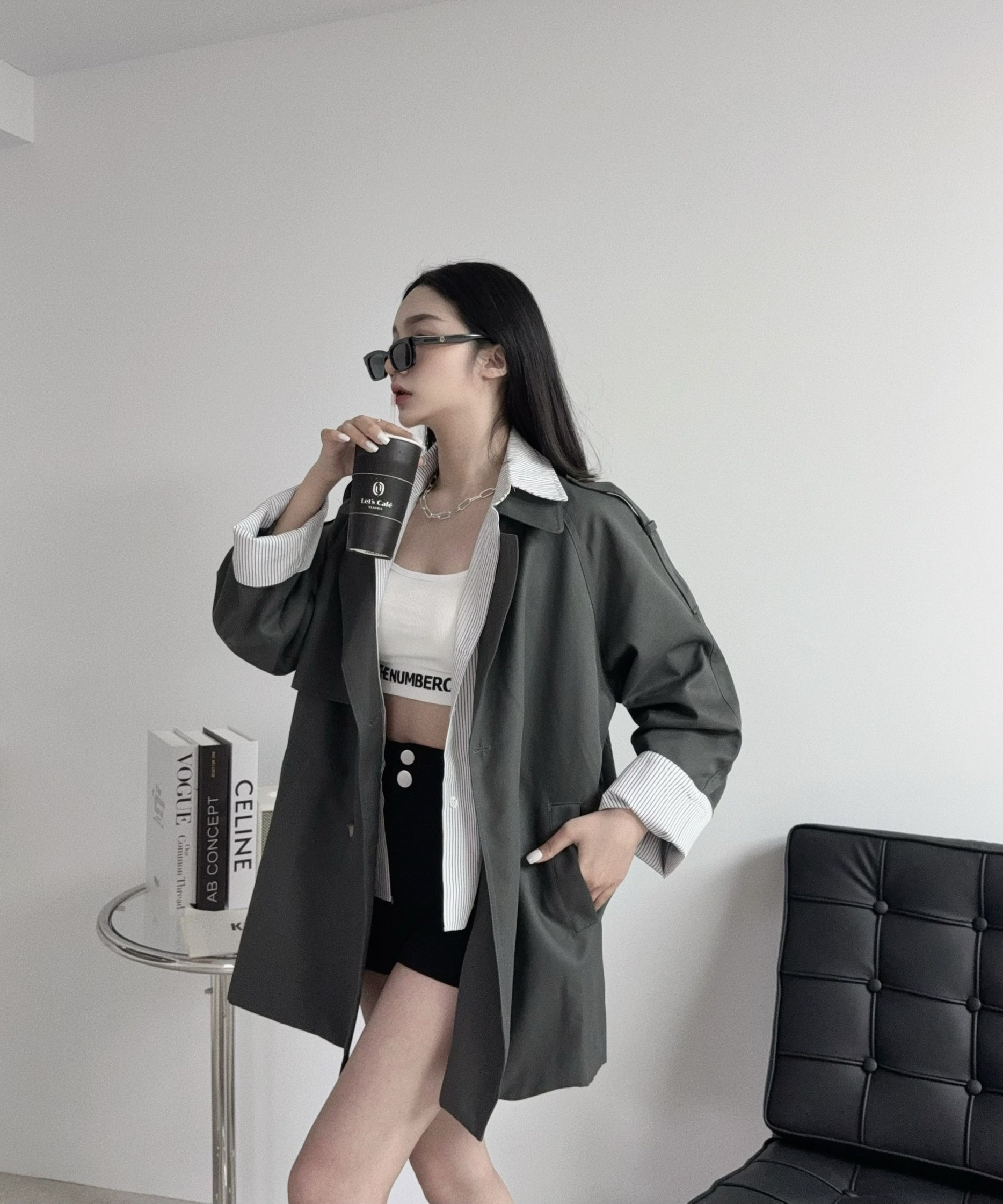 2607 『選品』 英倫風時髦拼接襯衫附腰帶風衣外套 (4)