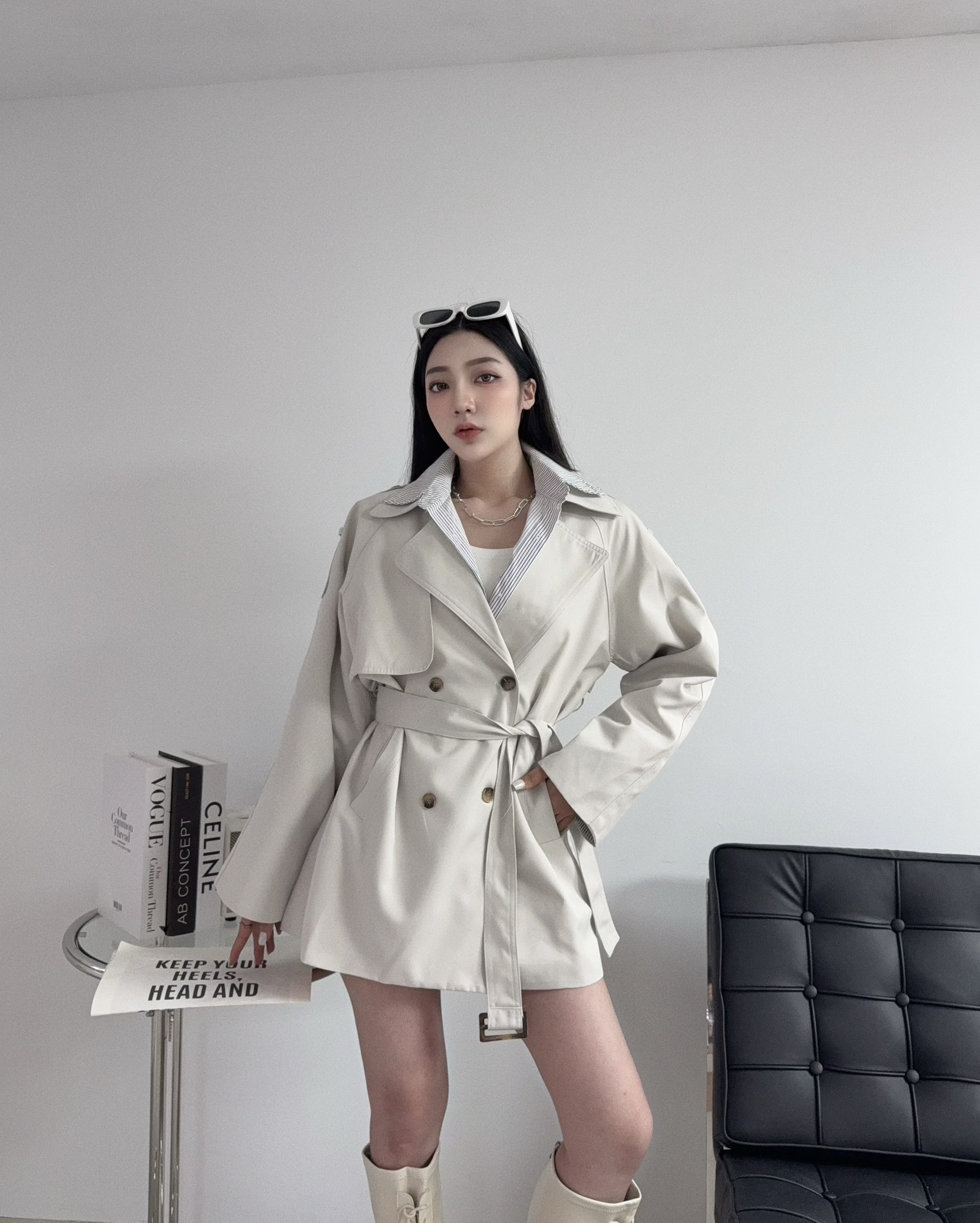 2607 『選品』 英倫風時髦拼接襯衫附腰帶風衣外套 (3)