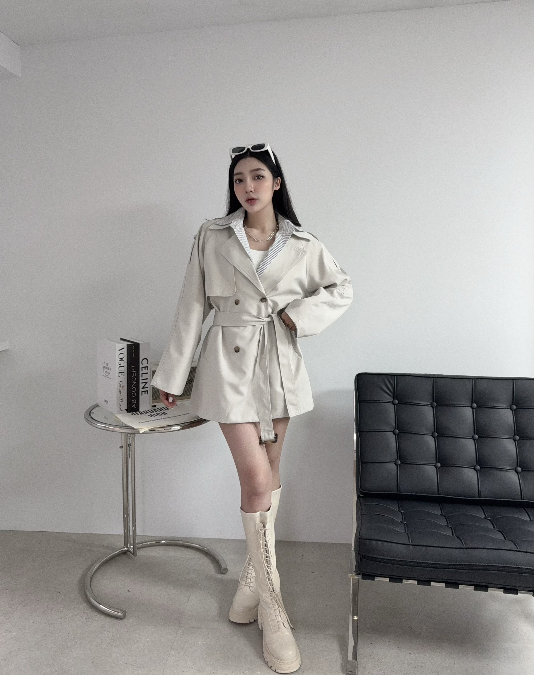 2607 『選品』 英倫風時髦拼接襯衫附腰帶風衣外套