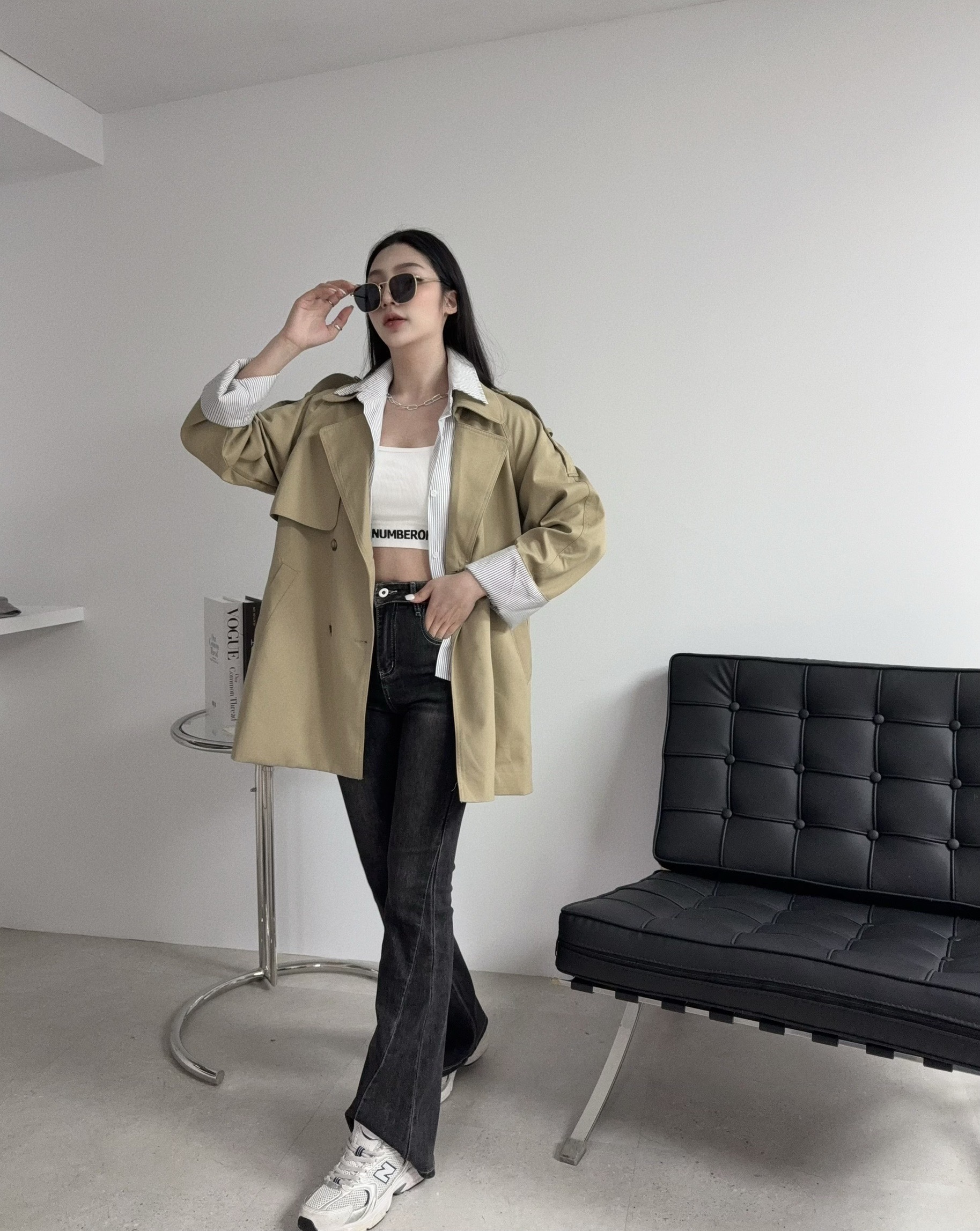 2607 『選品』 英倫風時髦拼接襯衫附腰帶風衣外套 (2)