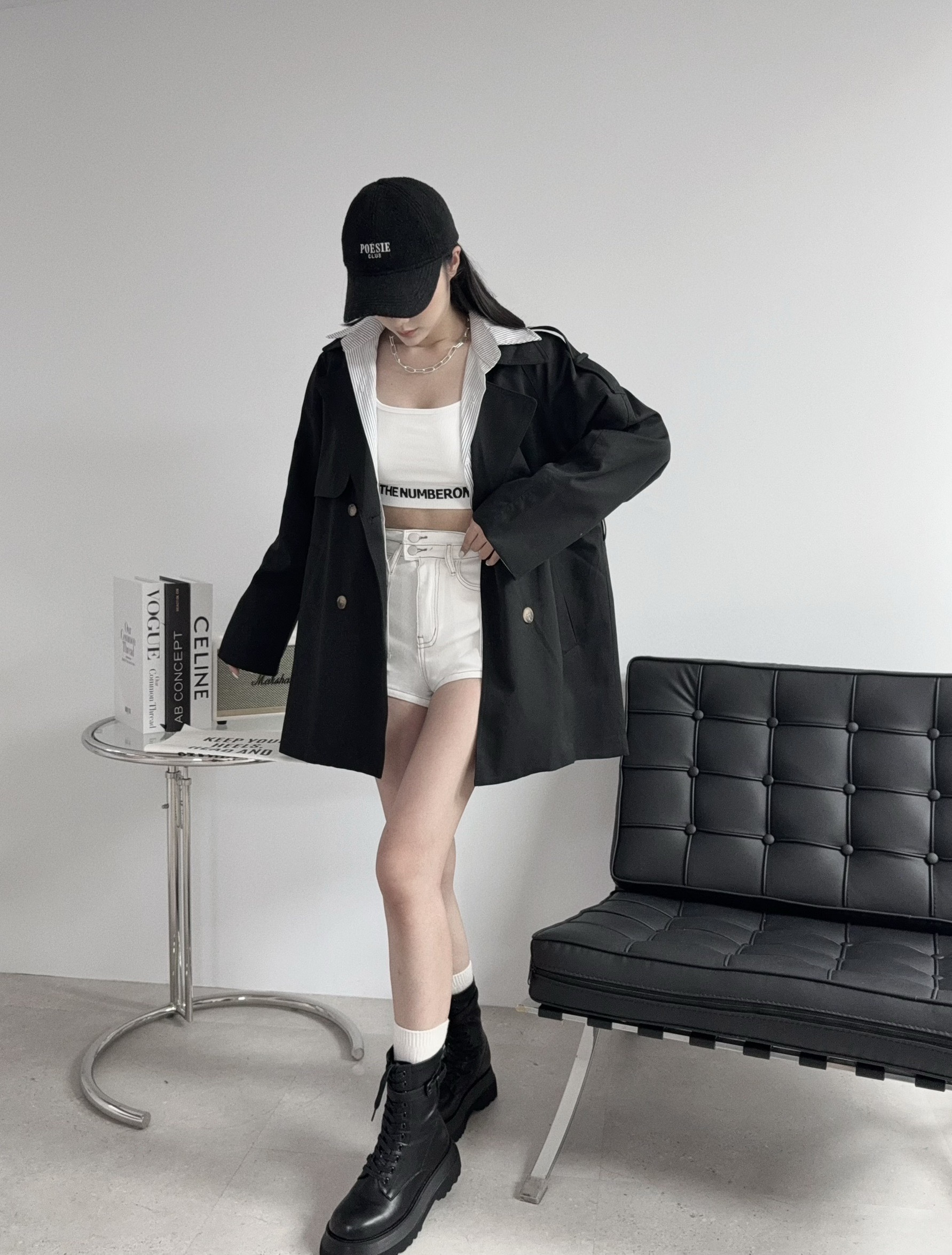 2607 『選品』 英倫風時髦拼接襯衫附腰帶風衣外套 (5)