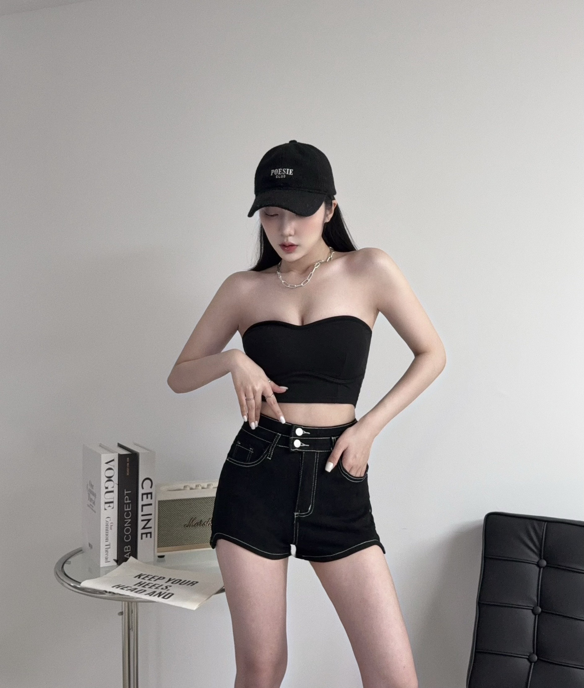 3862『選品』高腰兩釦車線牛仔短褲 (3)