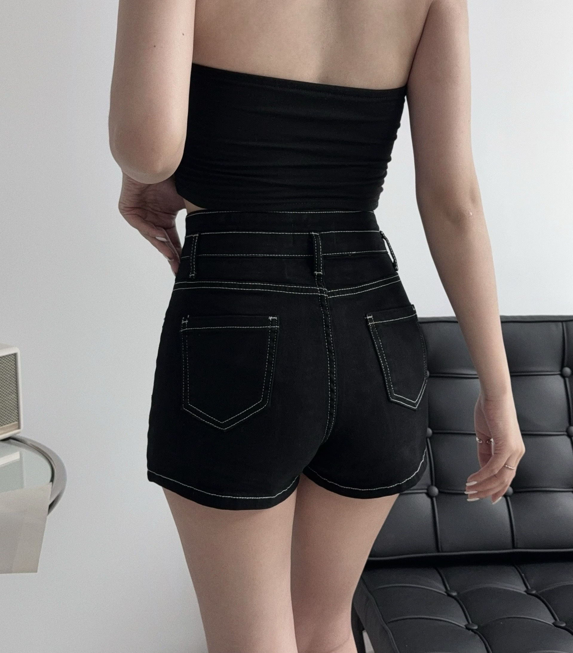 3862『選品』高腰兩釦車線牛仔短褲 (4)