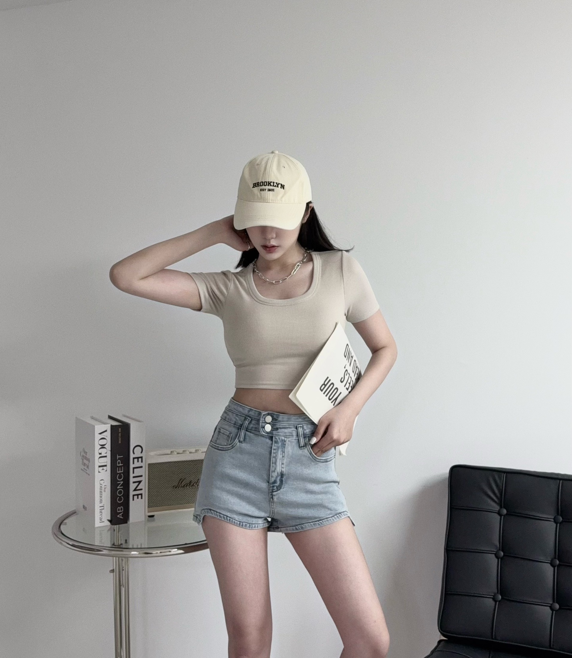 3862『選品』高腰兩釦車線牛仔短褲 (2)