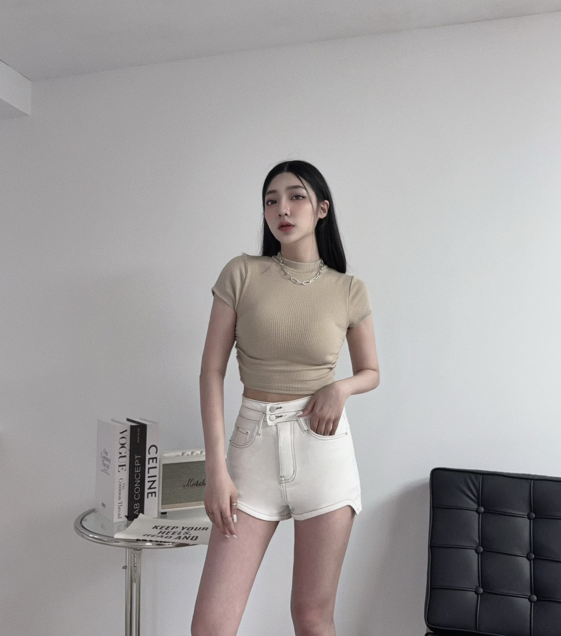 3862『選品』高腰兩釦車線牛仔短褲