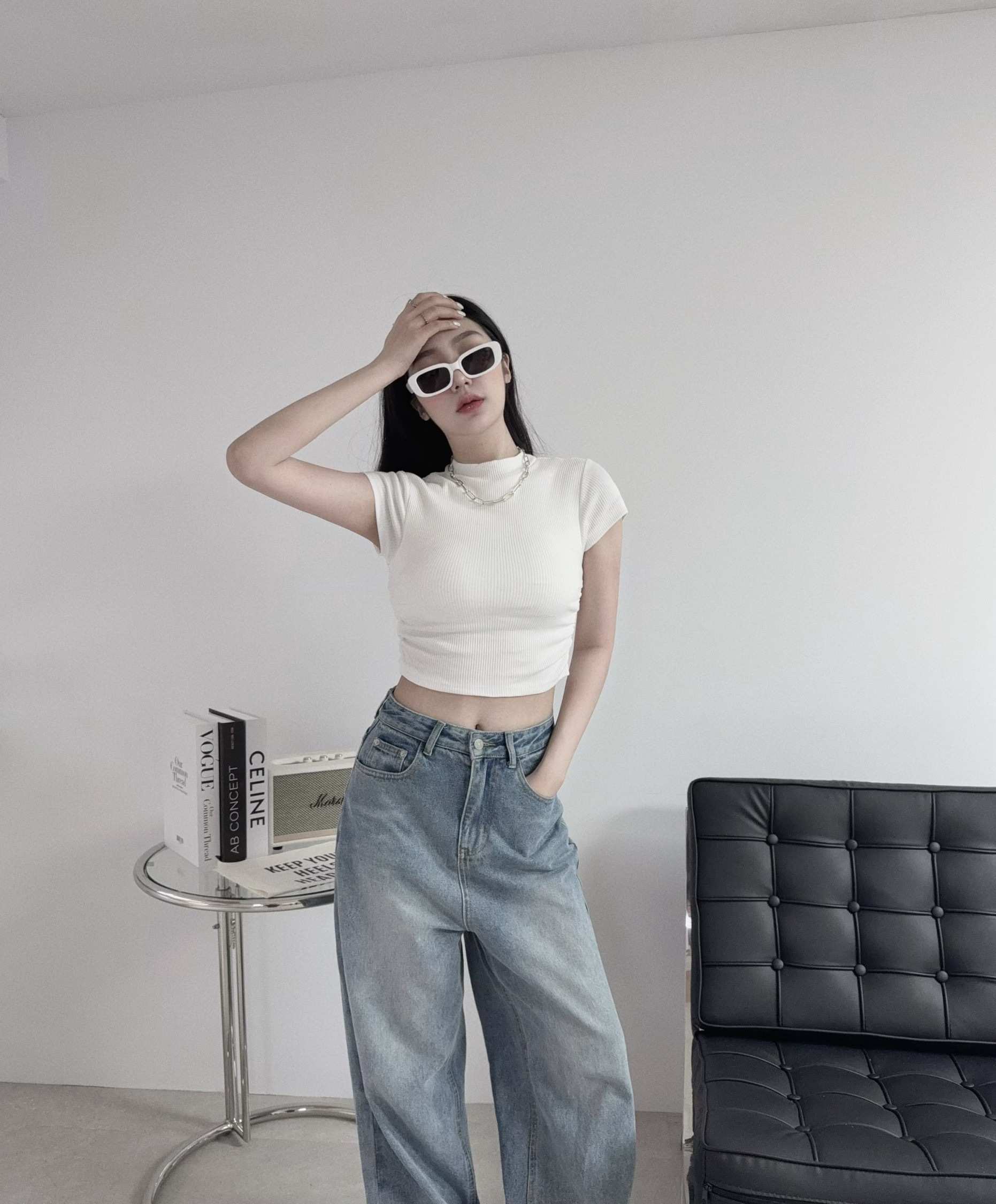 1037『訂製款』半高領側抓皺短版上衣