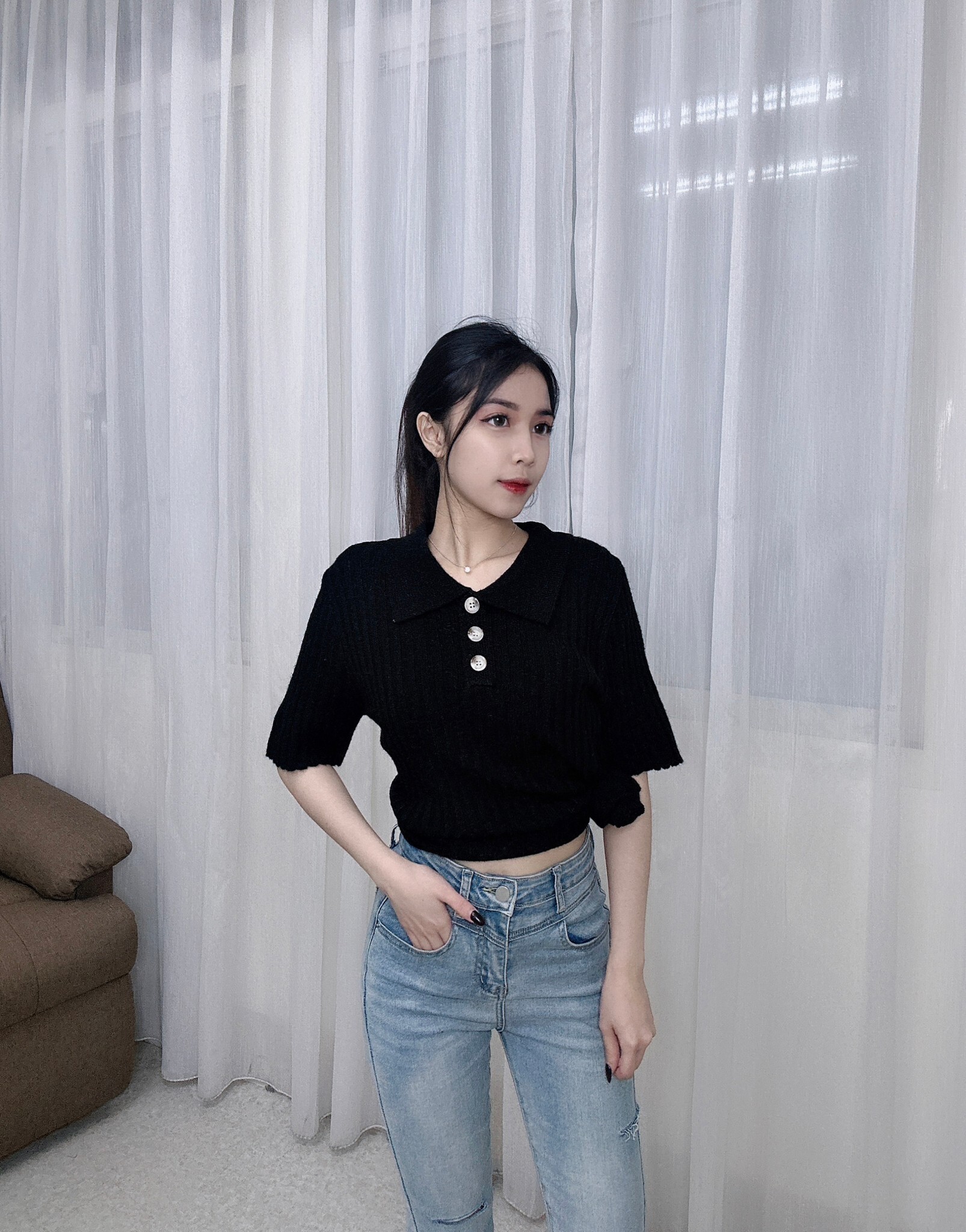 #268三釦坑條彈力Polo衫 (2)