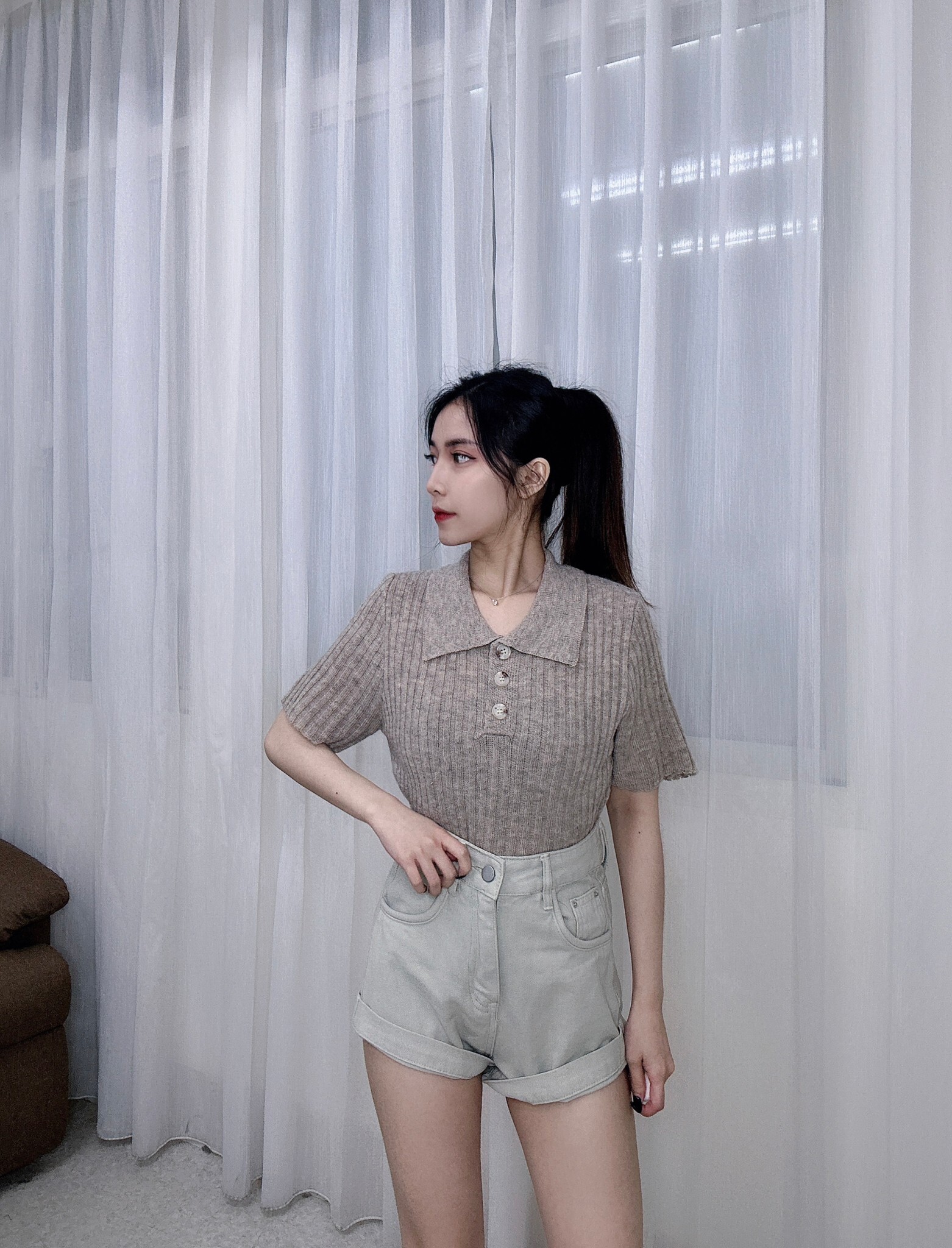 #268三釦坑條彈力Polo衫 (3)