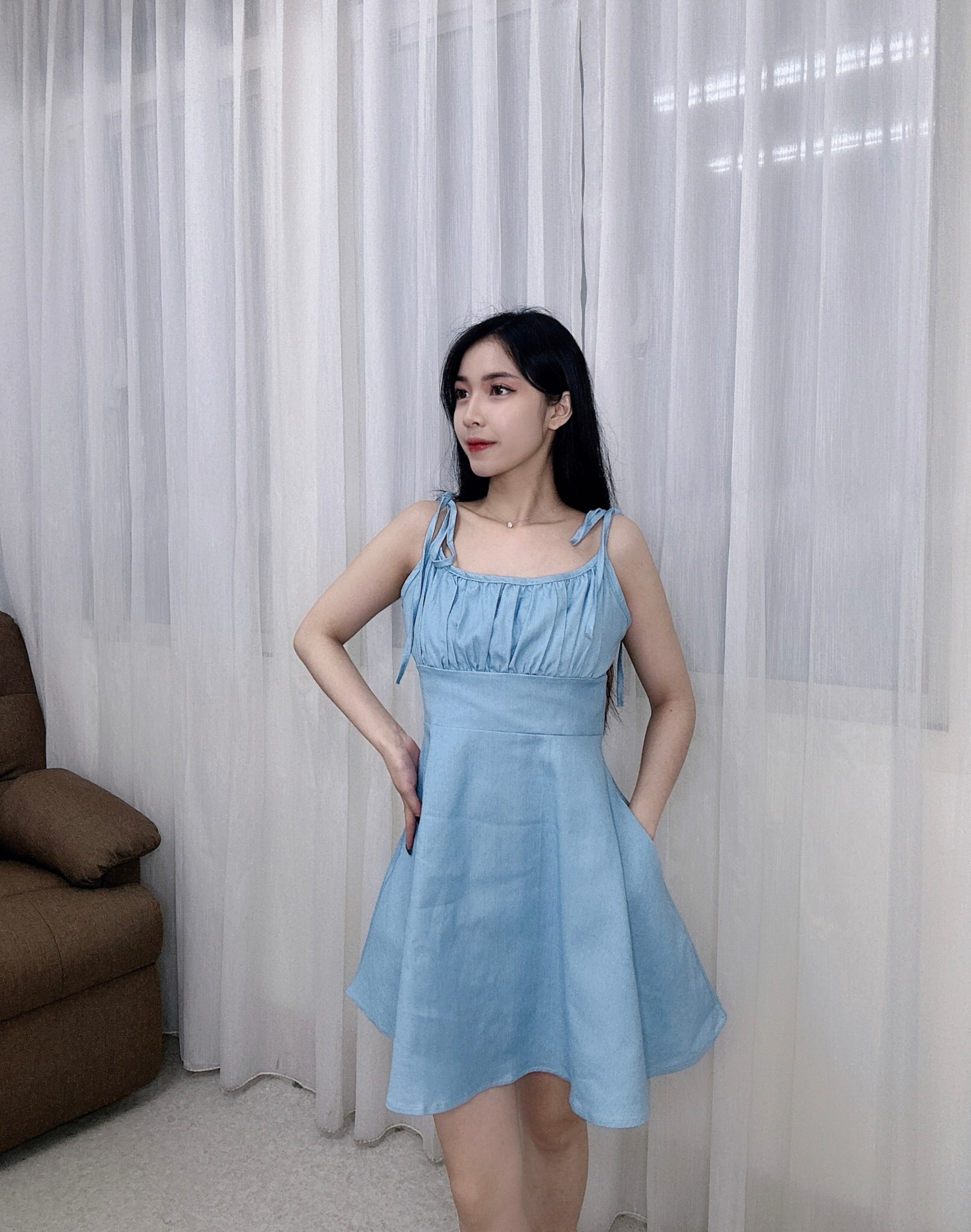 2430肩綁帶口袋牛仔洋 (2)