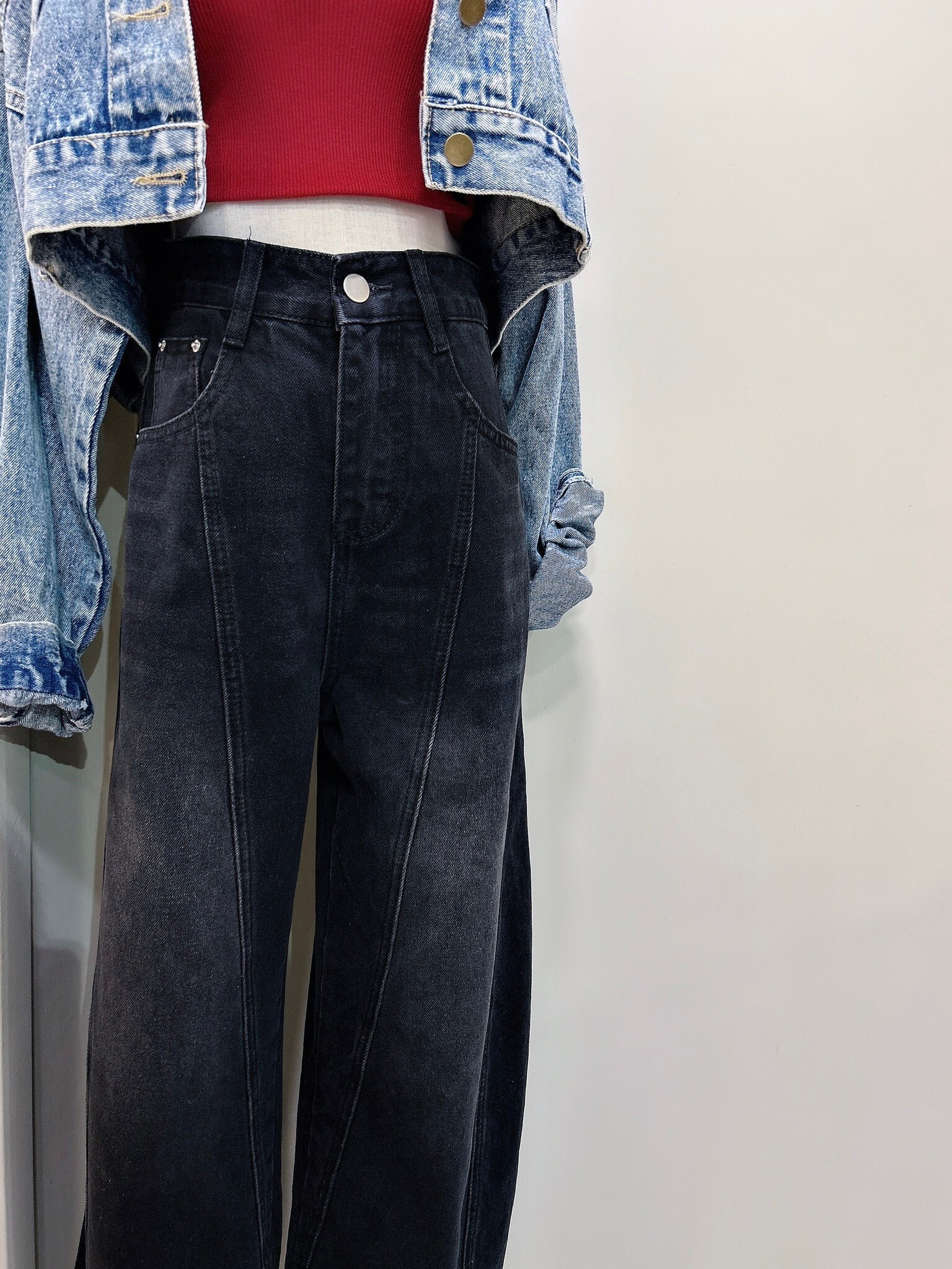 10690復古寬鬆牛仔彎刀褲