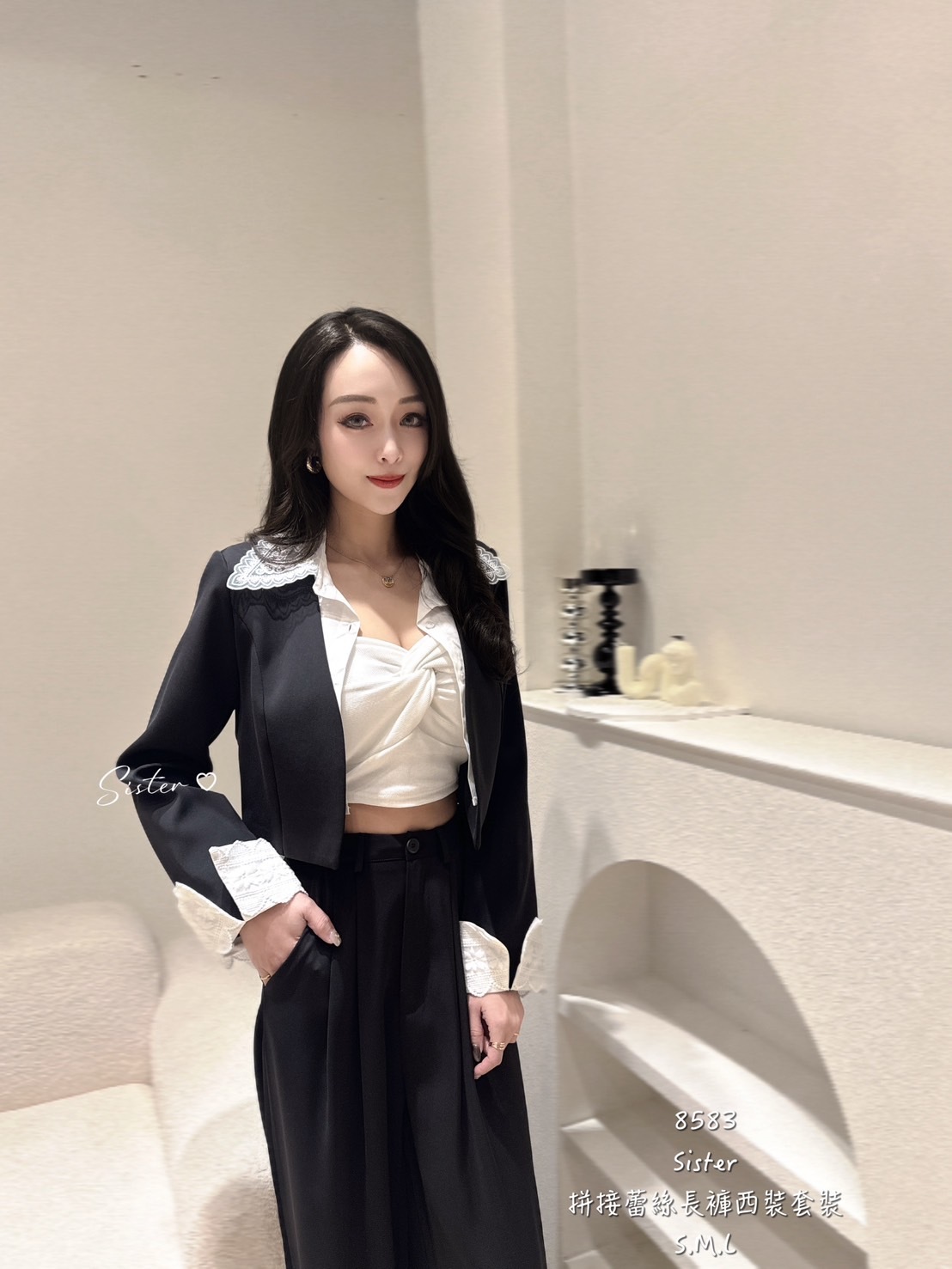 8583 拼接蕾絲長褲西裝套 (4)