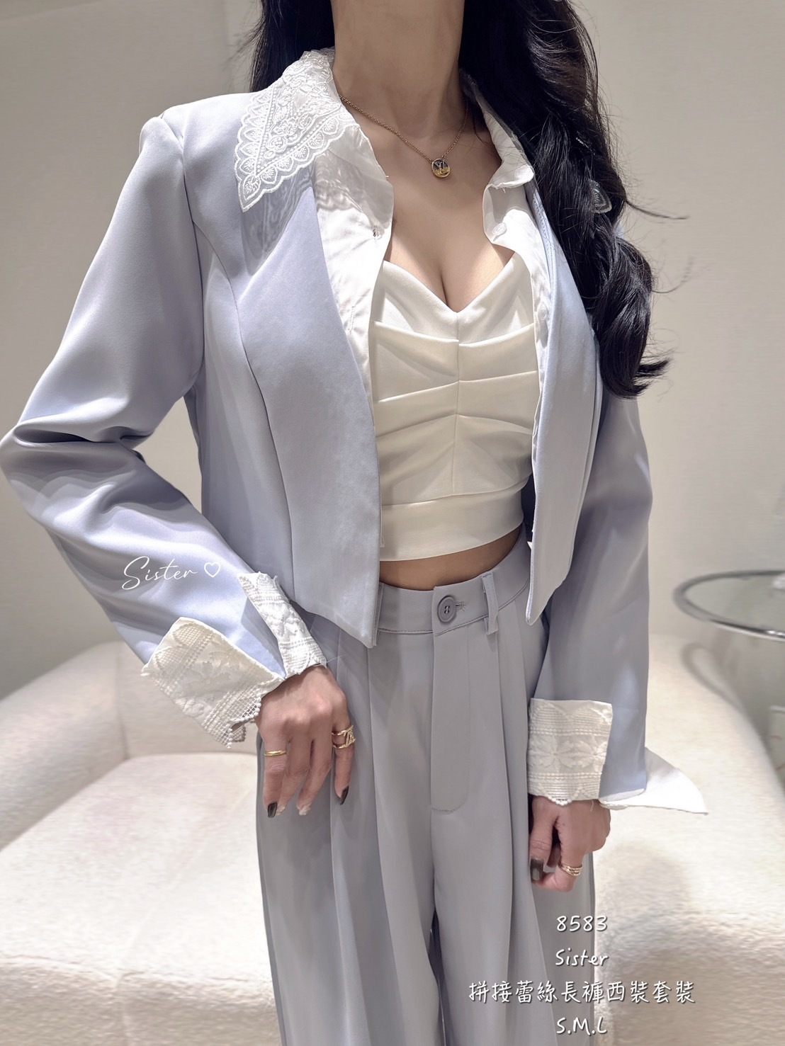 8583 拼接蕾絲長褲西裝套 (2)