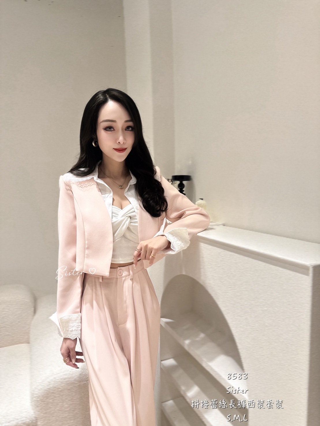 8583 拼接蕾絲長褲西裝套 (3)