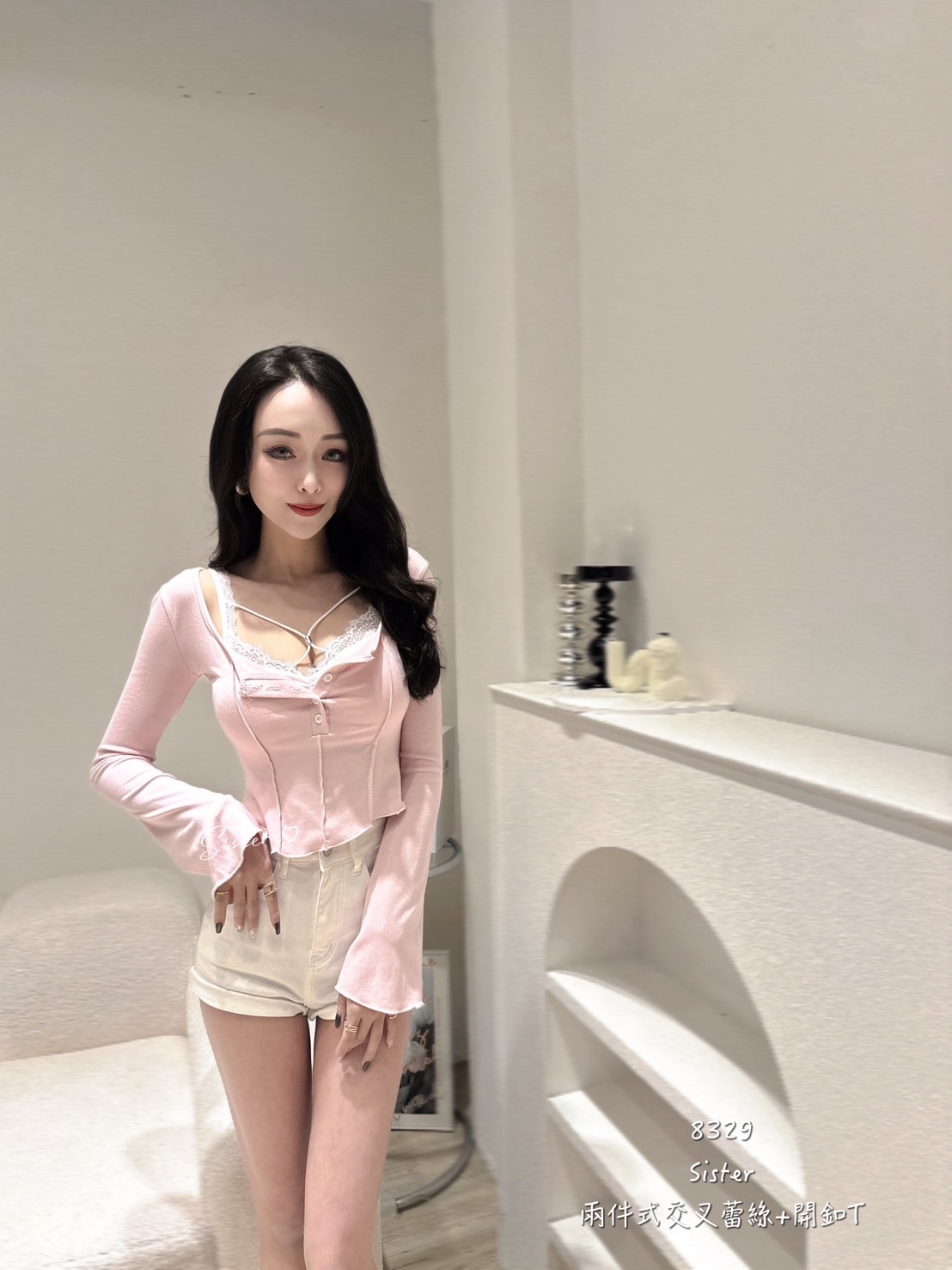 8239 兩件交叉蕾絲+開扣T (3)