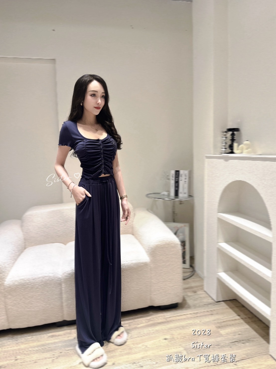 2028 抓皺bra T寬褲套裝 (4)