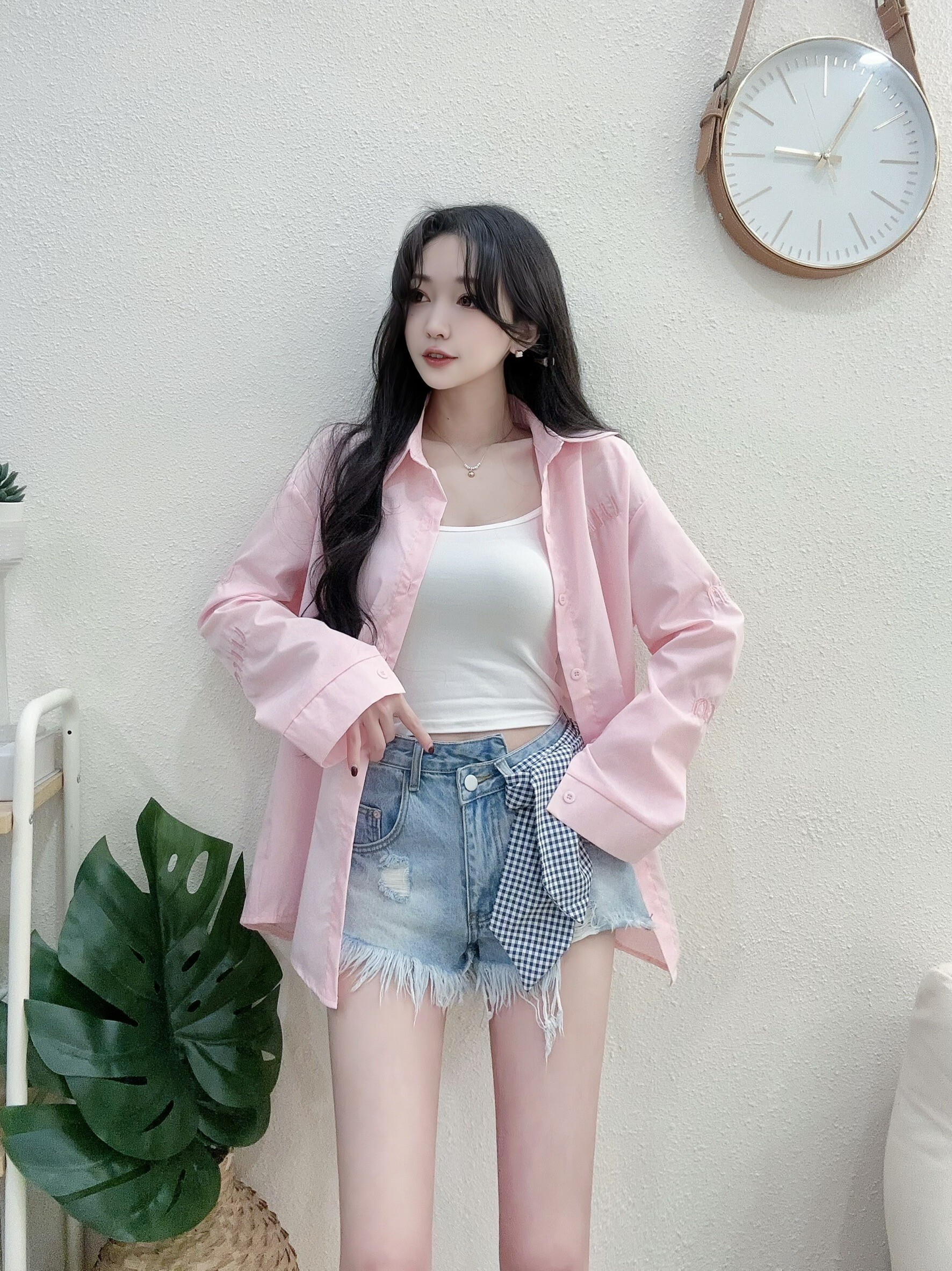 603好感配色繡字襯衫+背心set (2)