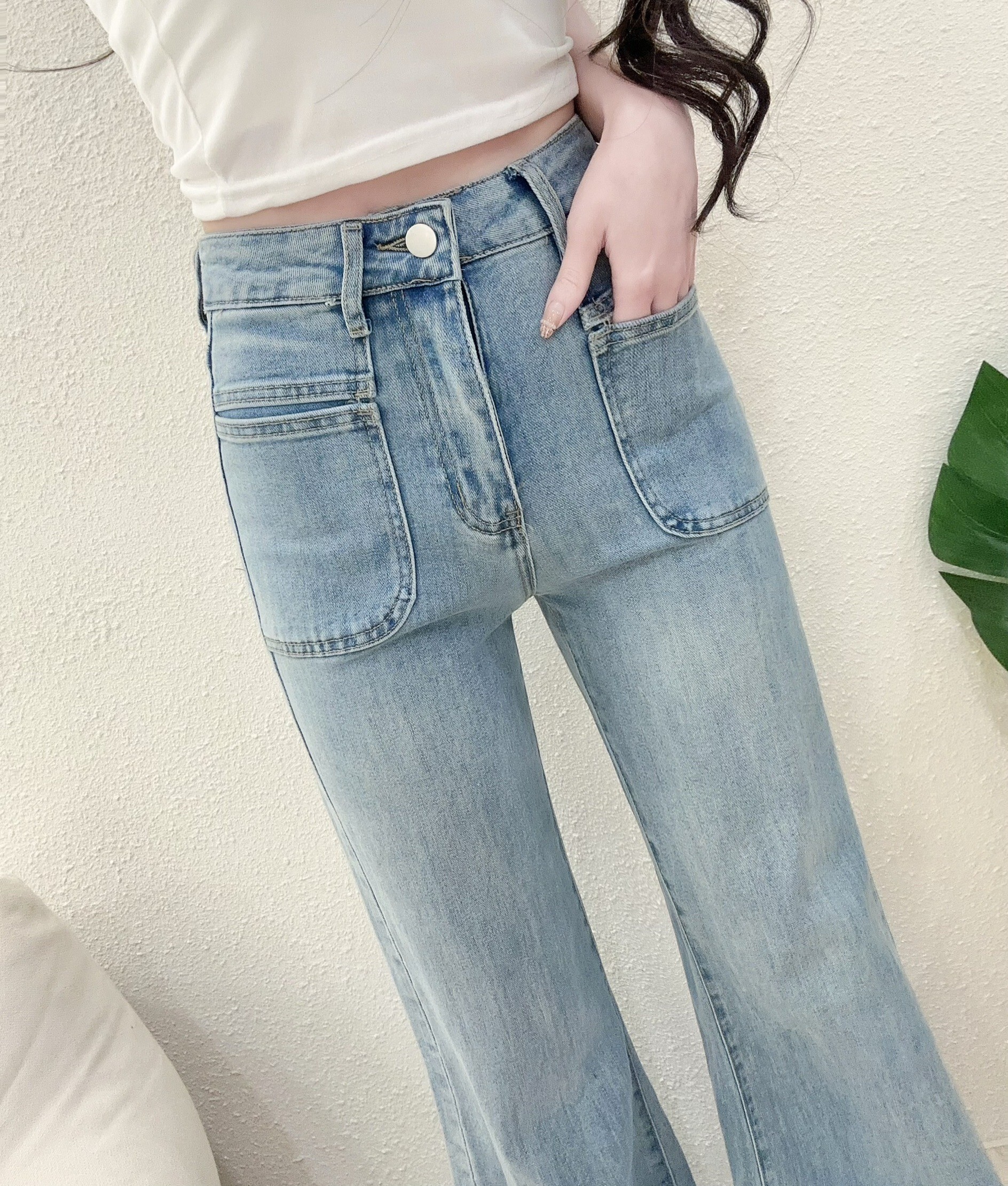 6018韓系高腰口袋彈力直筒寬褲