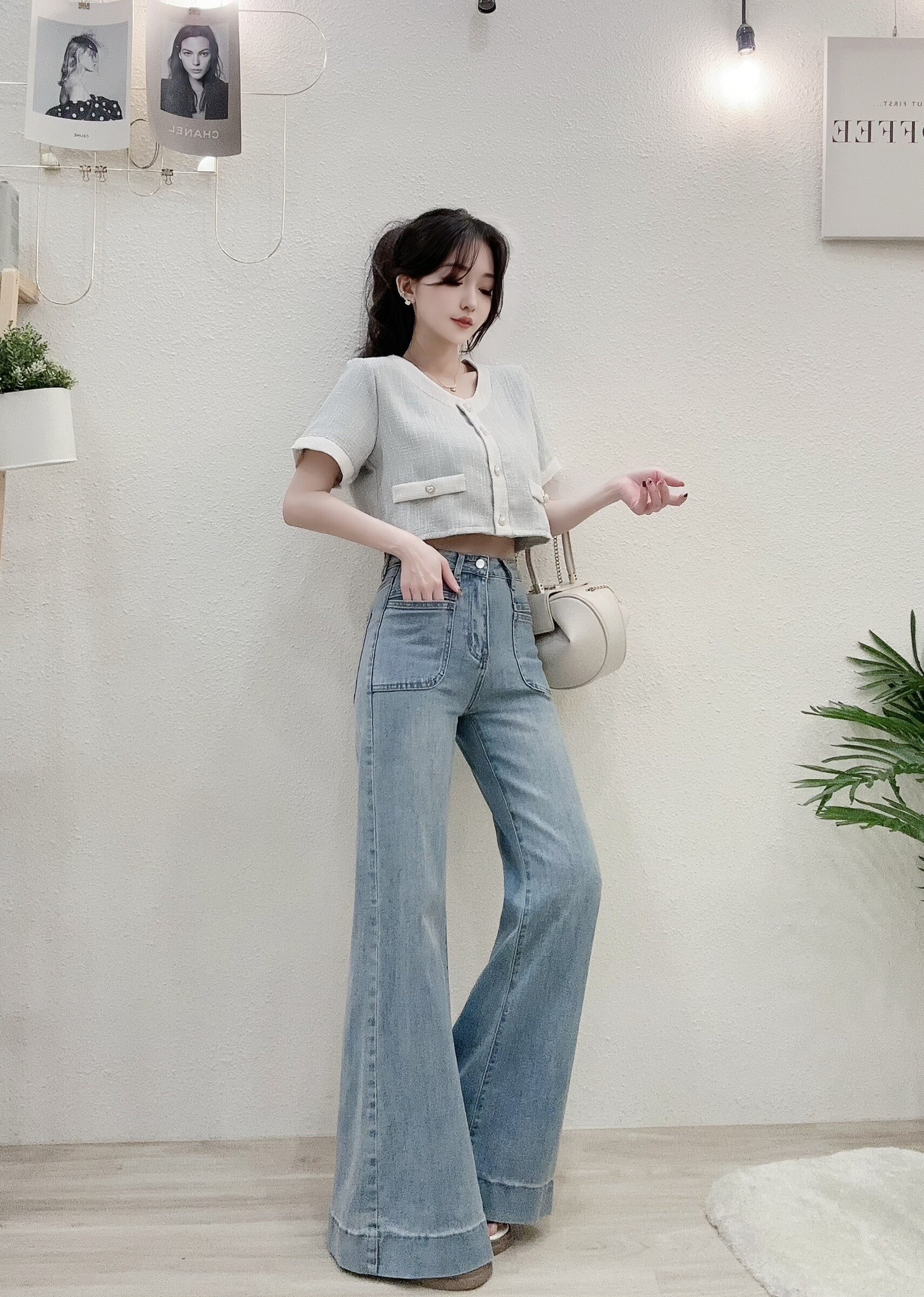 6018韓系高腰口袋彈力直筒寬褲 (3)