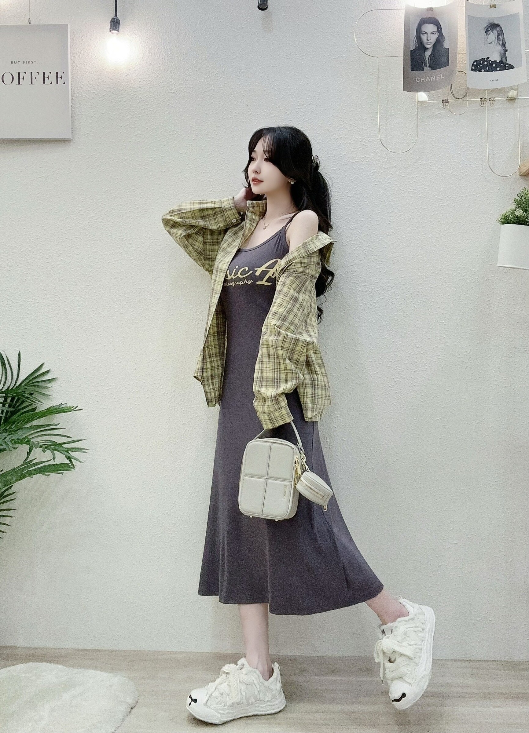 24139配色格紋襯衫+背心長洋set (4)