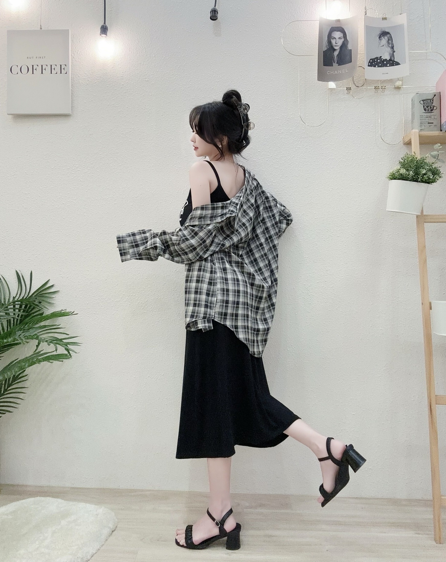 24139配色格紋襯衫+背心長洋set (2)