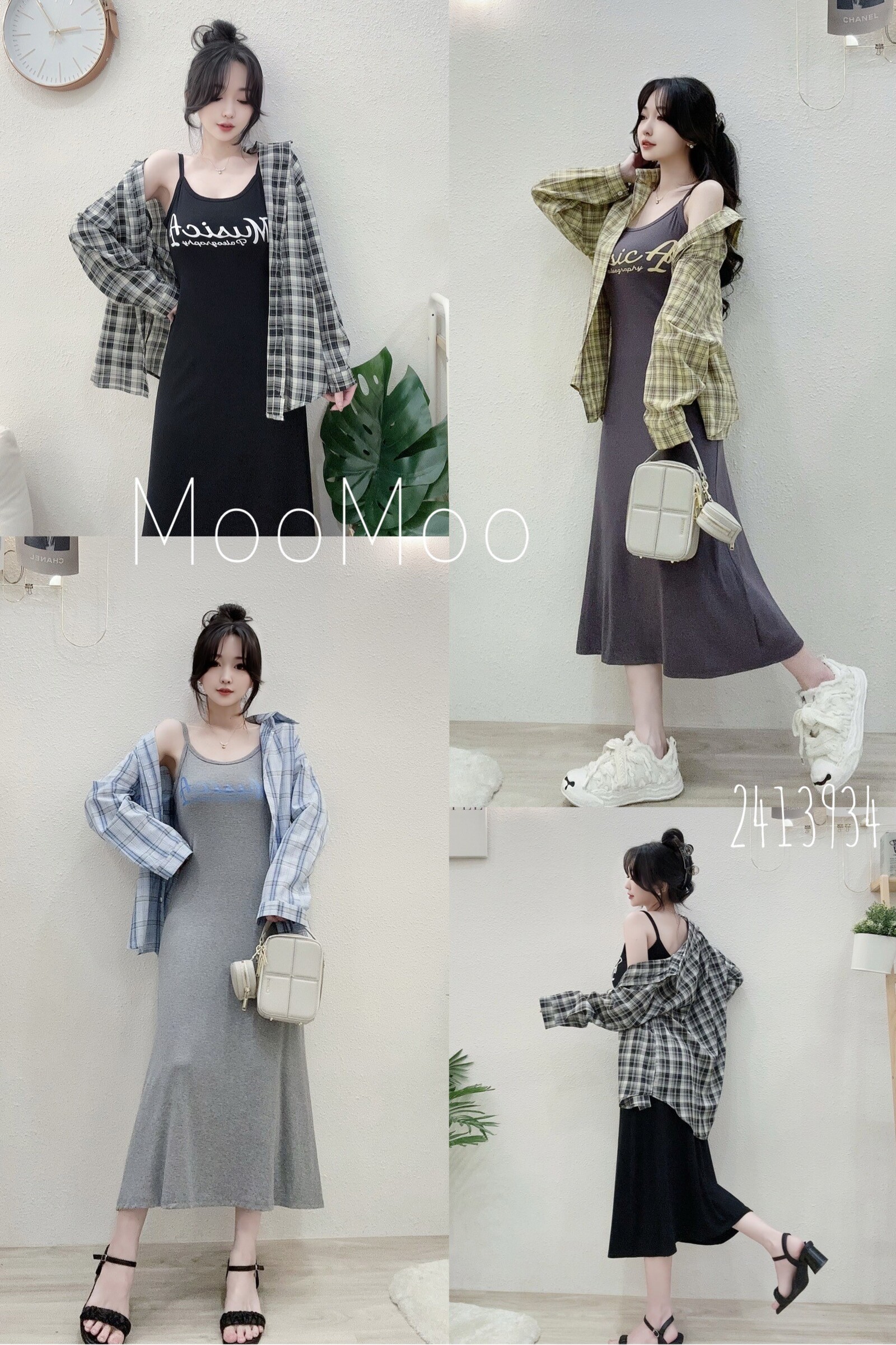 24139配色格紋襯衫+背心長洋set (5)