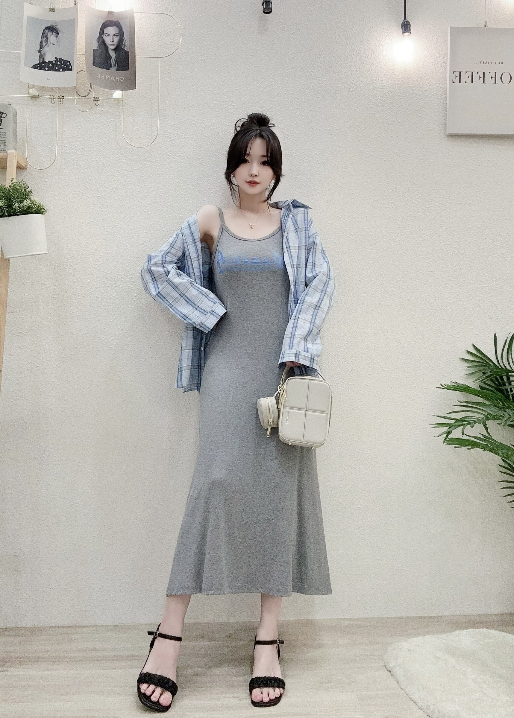 24139配色格紋襯衫+背心長洋set (3)