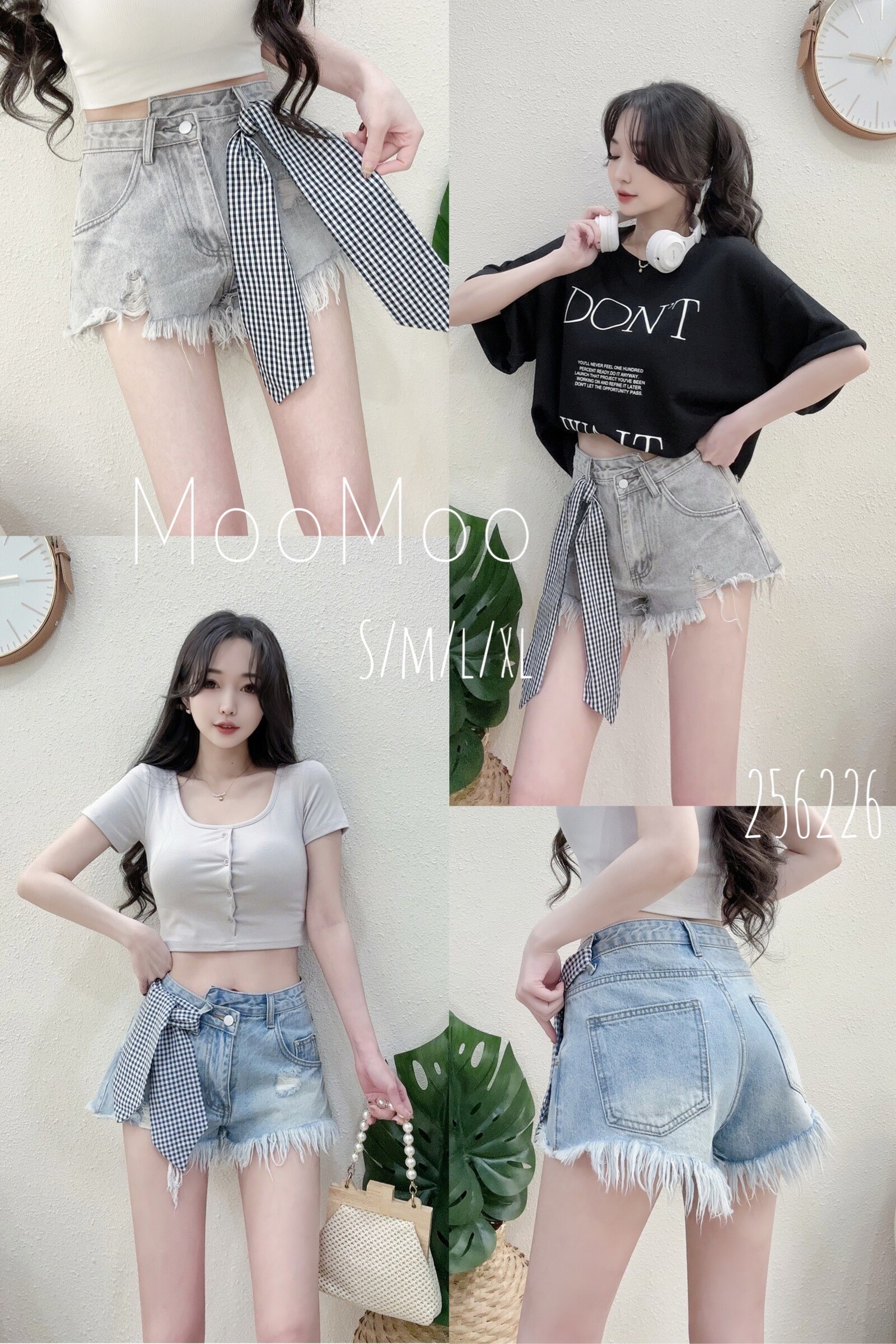 2562修身細格綁帶不對稱鬚鬚短褲 (3)