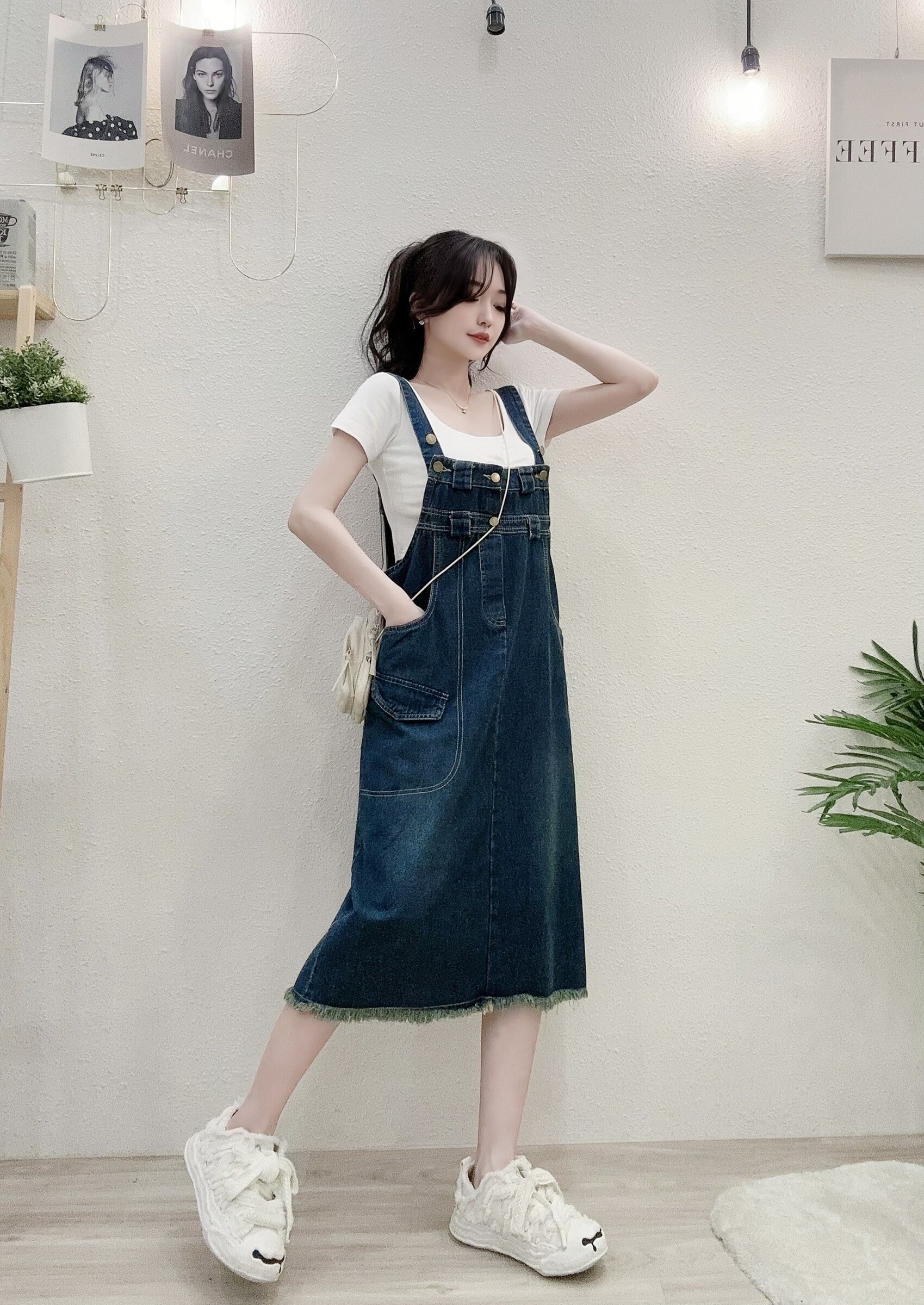 0933減齡感百搭吊帶口袋牛仔長裙 (3)