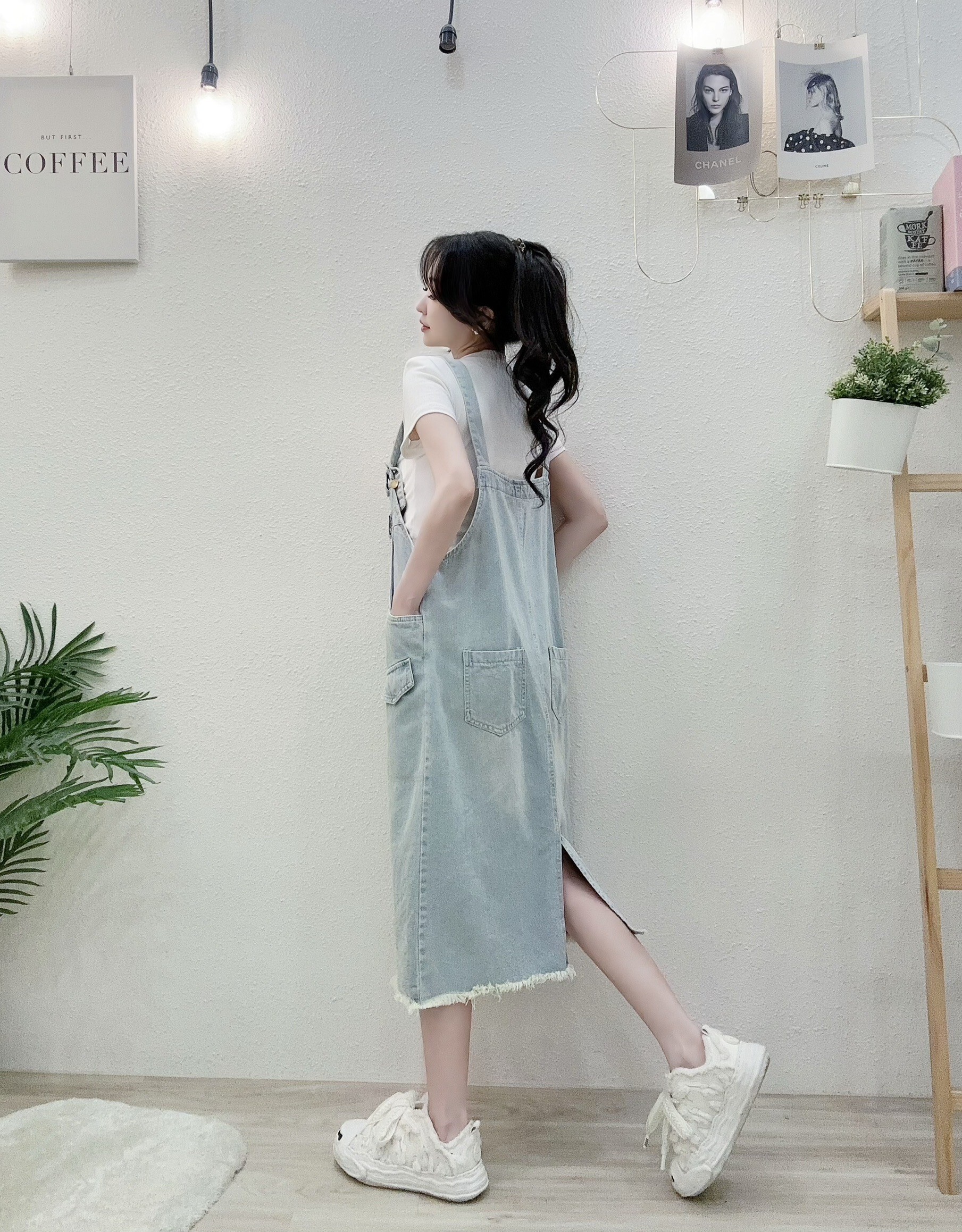 0933減齡感百搭吊帶口袋牛仔長裙 (4)