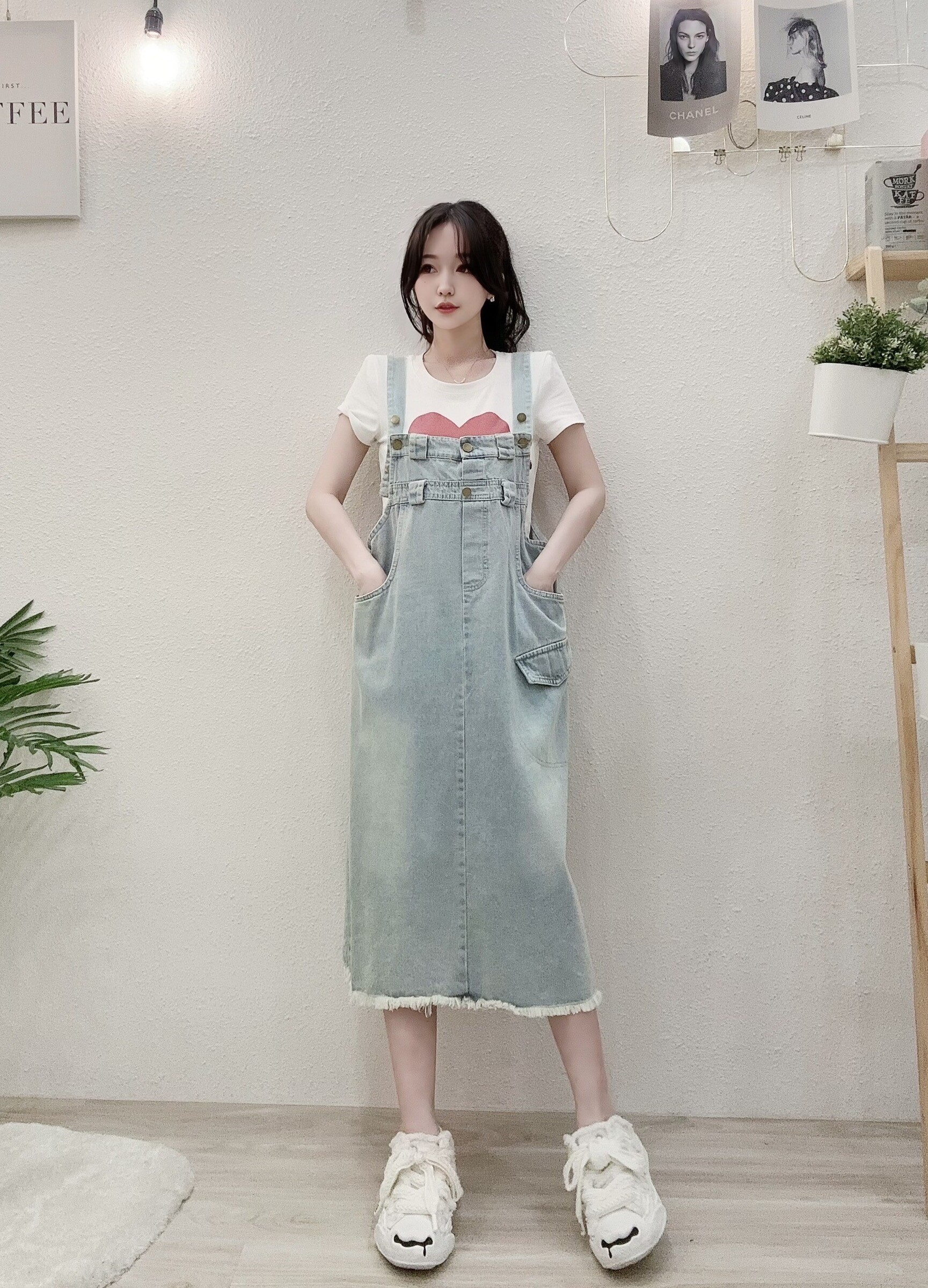 0933減齡感百搭吊帶口袋牛仔長裙 (5)