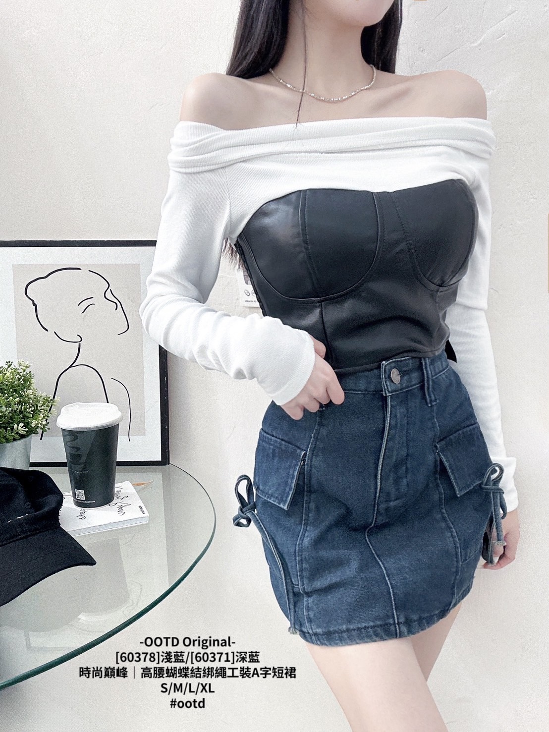 [60378]淺藍[60371]深藍時尚巔峰｜高腰蝴蝶結綁繩工裝A字短裙 (4)
