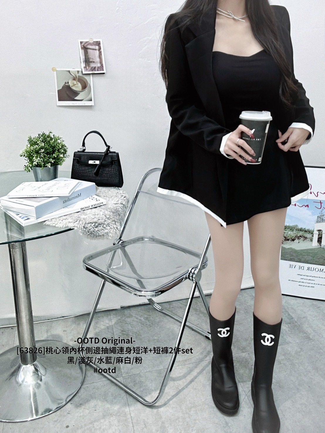 [63826]桃心領內杯側邊抽繩連身短洋+短褲2件set (10)