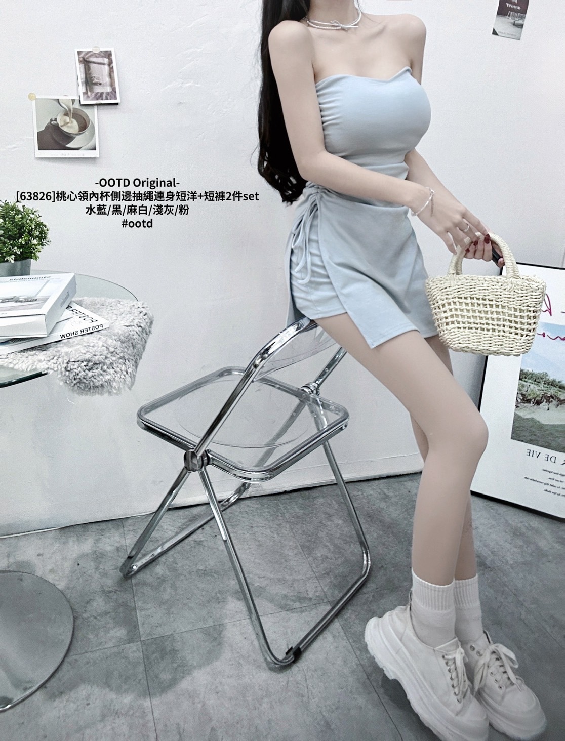 [63826]桃心領內杯側邊抽繩連身短洋+短褲2件set (6)