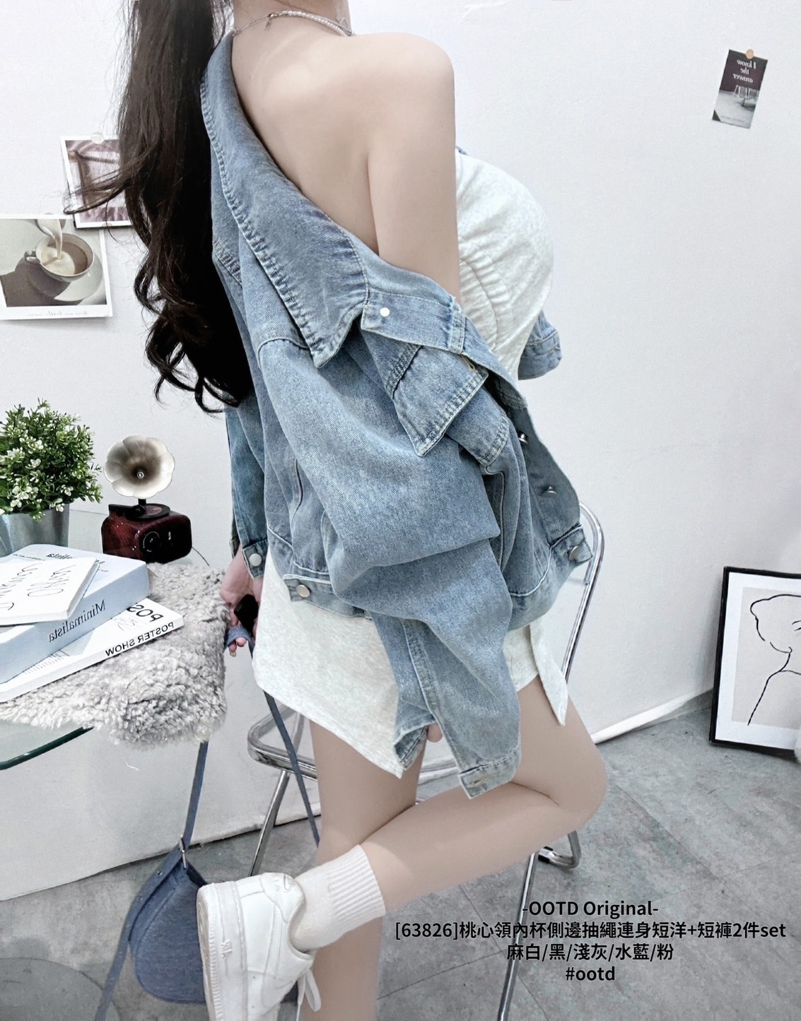 [63826]桃心領內杯側邊抽繩連身短洋+短褲2件set (2)