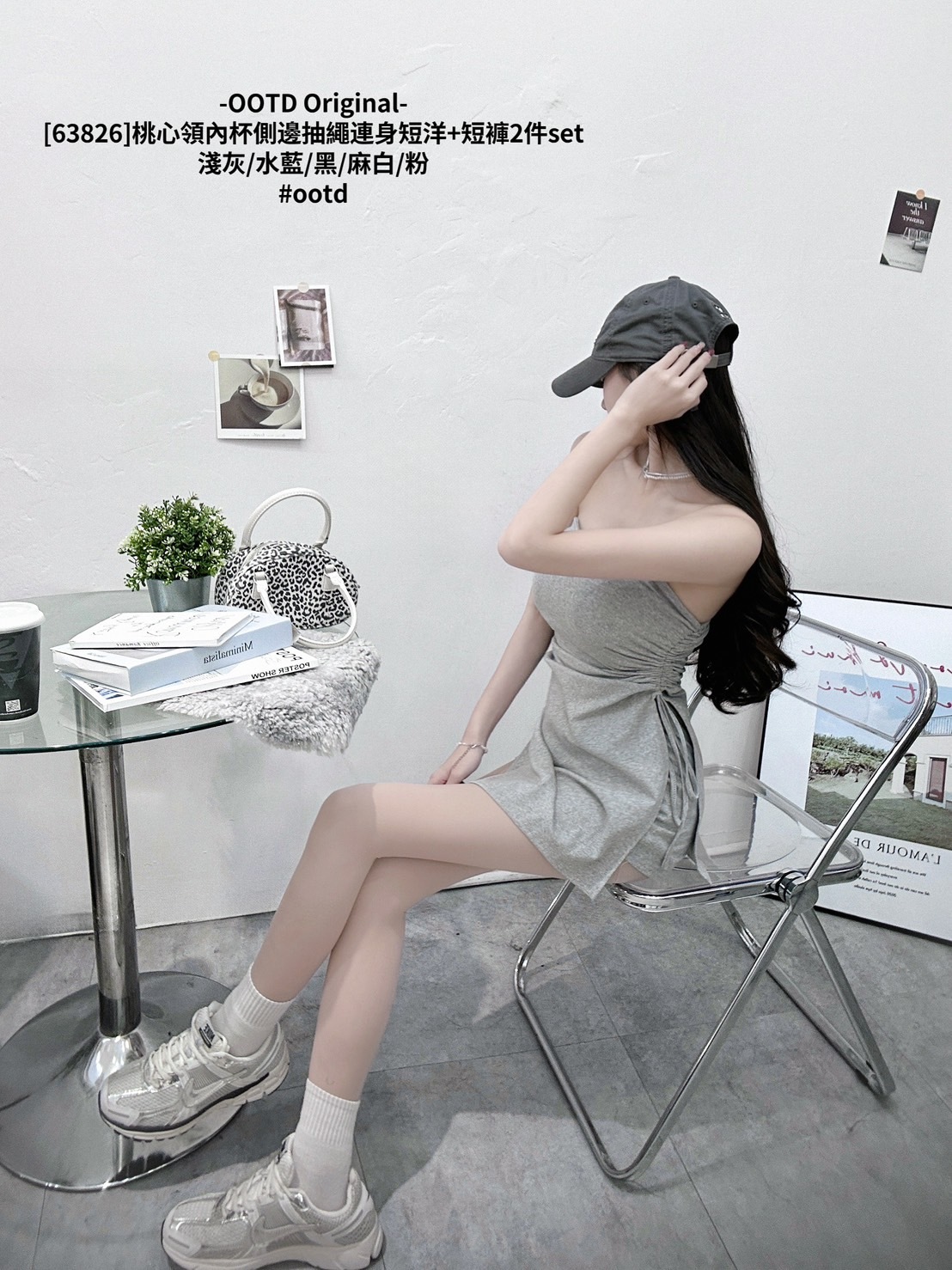 [63826]桃心領內杯側邊抽繩連身短洋+短褲2件set (7)