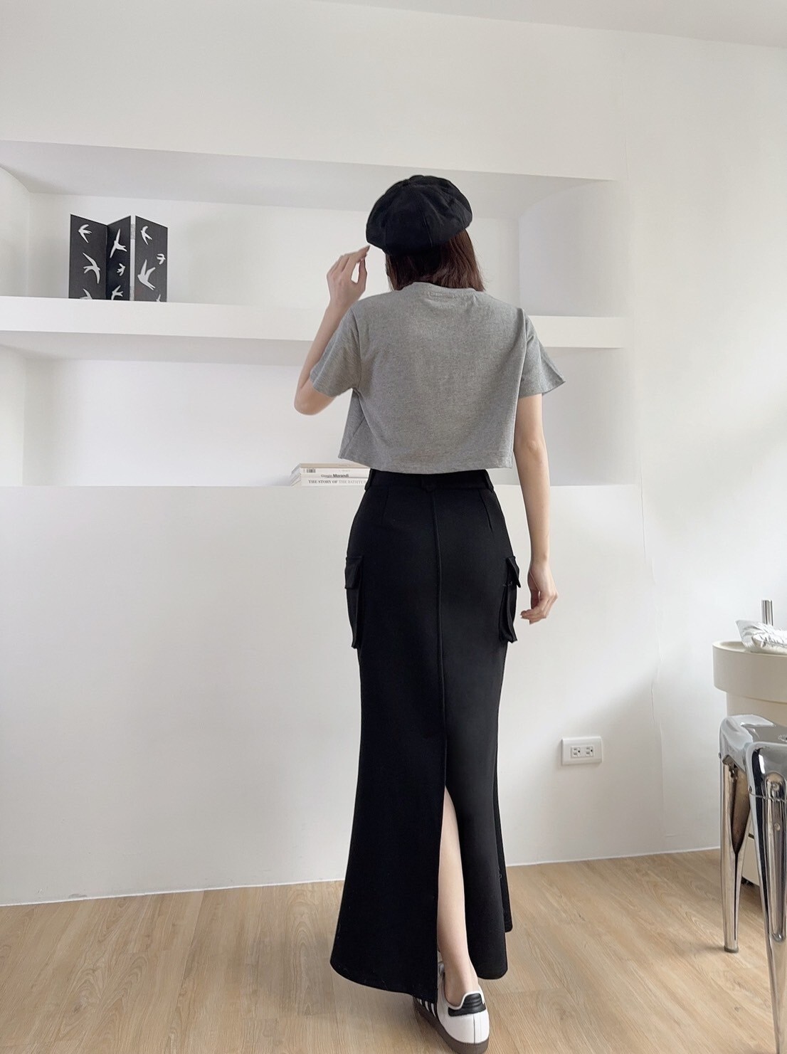 003 休閒工裝後開衩魚尾長裙 (4)