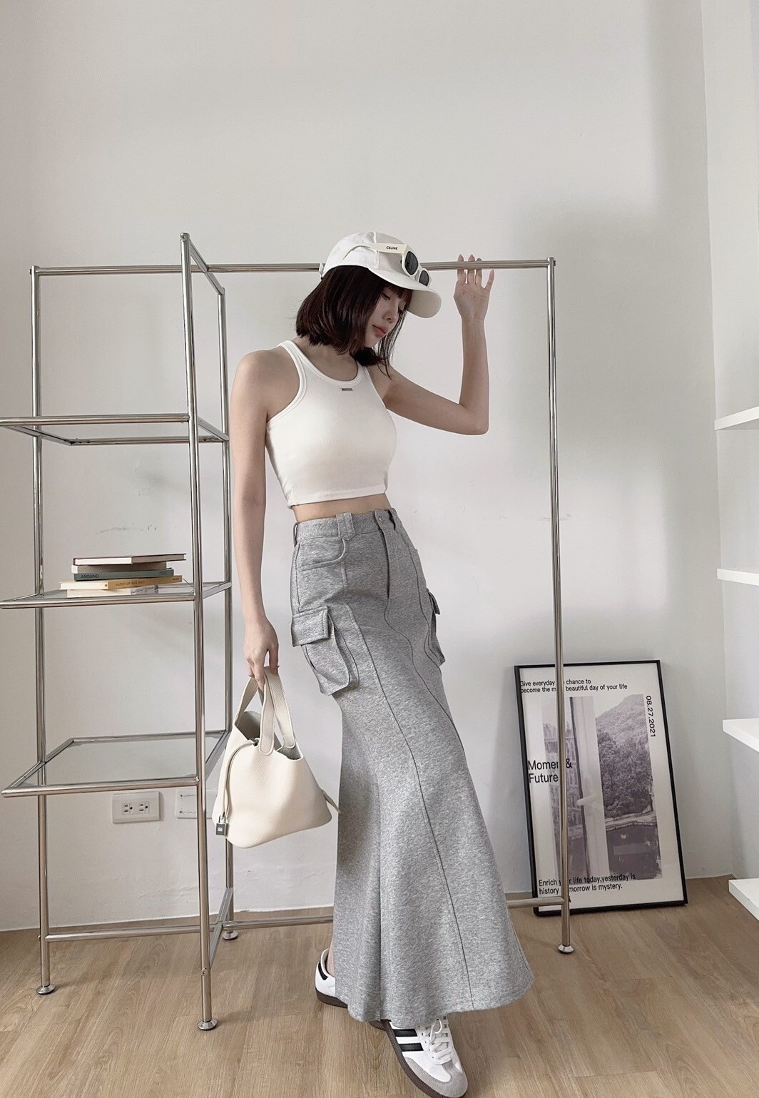 003 休閒工裝後開衩魚尾長裙