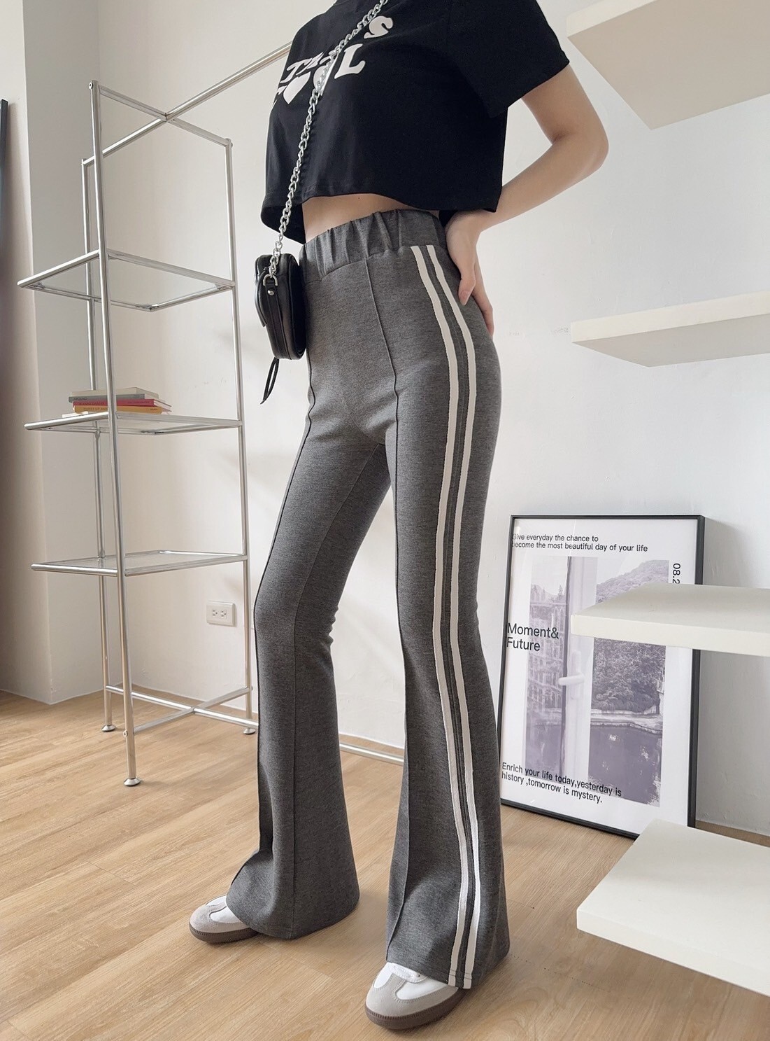 3399邊條高腰彈力太空棉喇叭褲 (4)