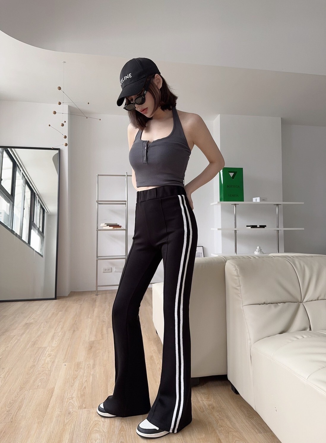 3399邊條高腰彈力太空棉喇叭褲