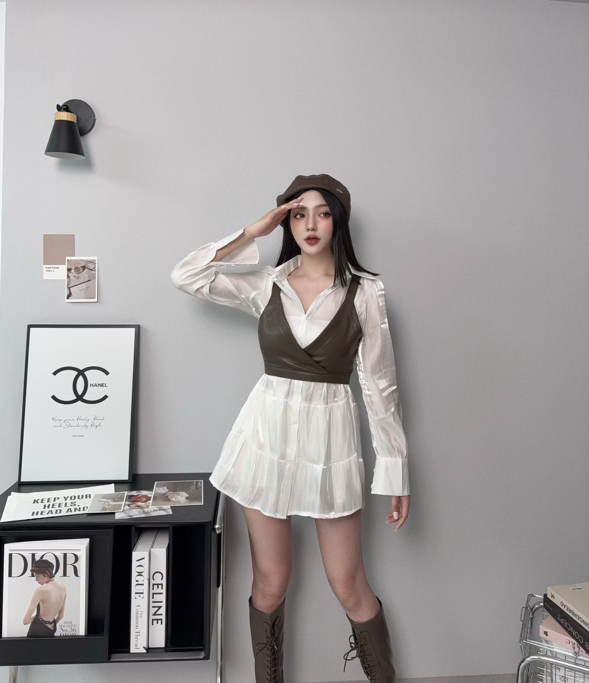 5416『訂製款』法式高級光澤感短洋+皮革馬甲 (3)